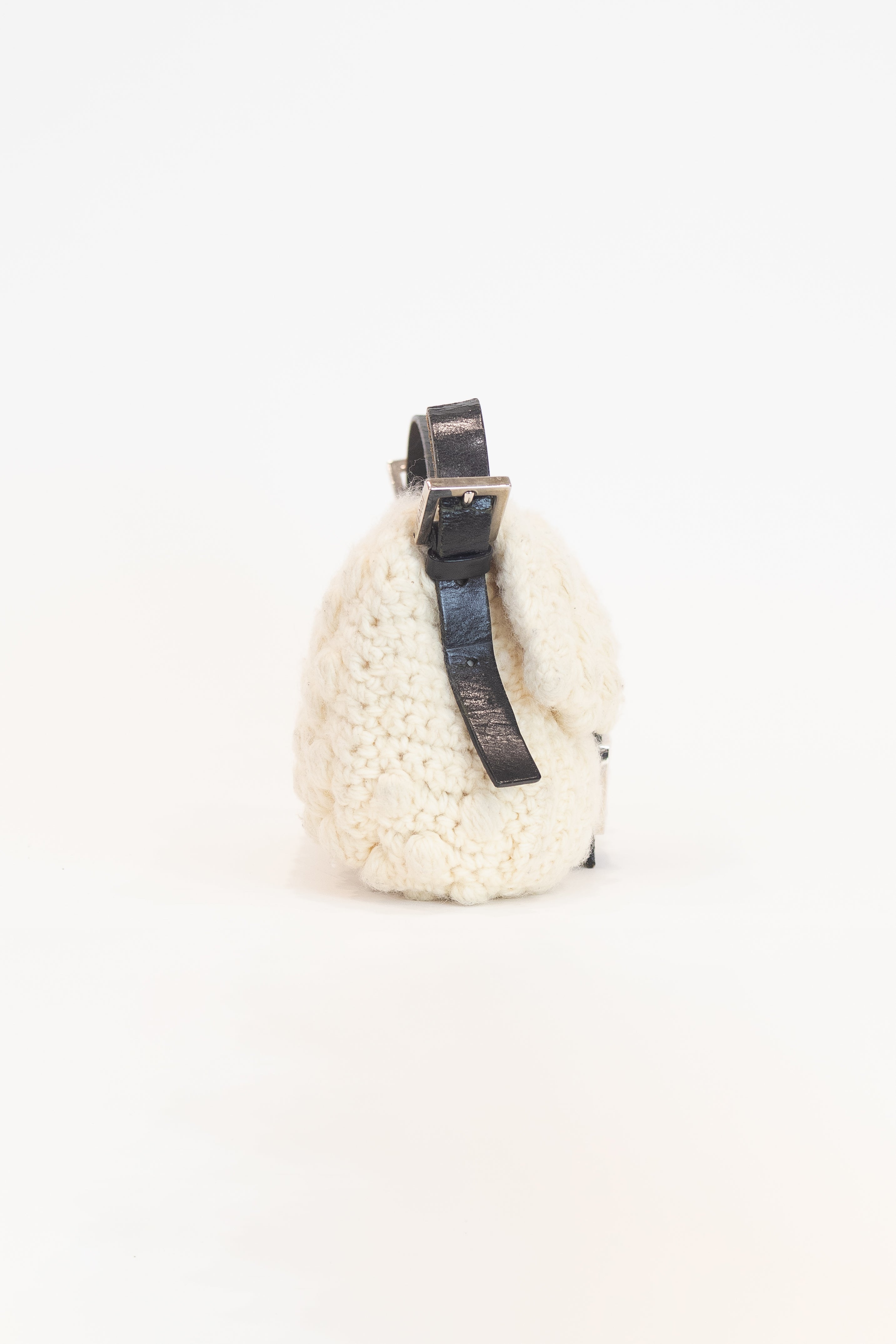 Cream Knit Baguette Shoulder Bag Wool/Leather