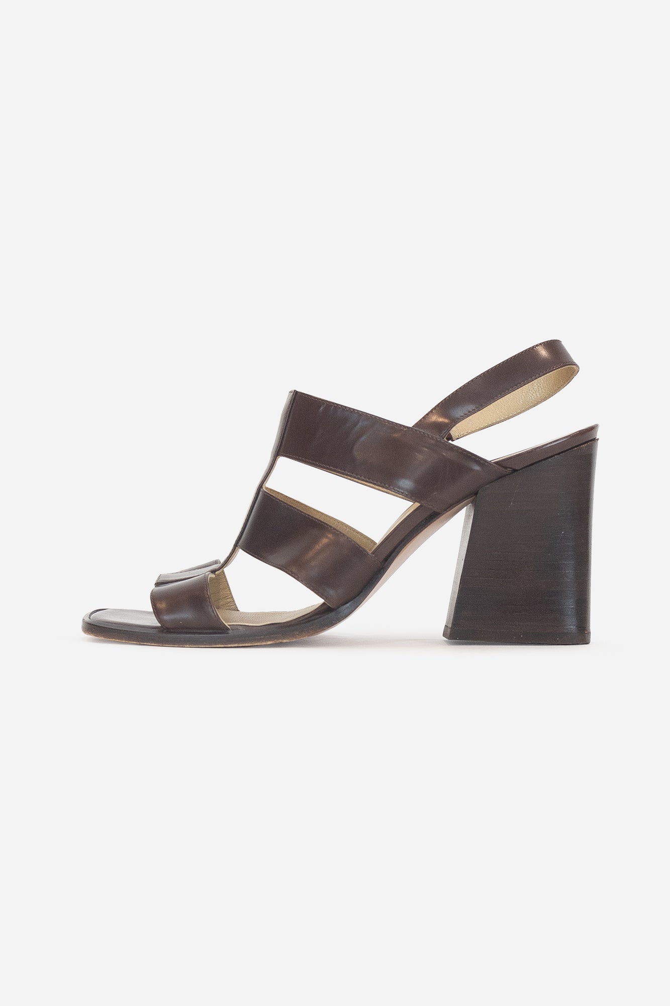 Brown Block Heel Strappy Sling Back Pumps