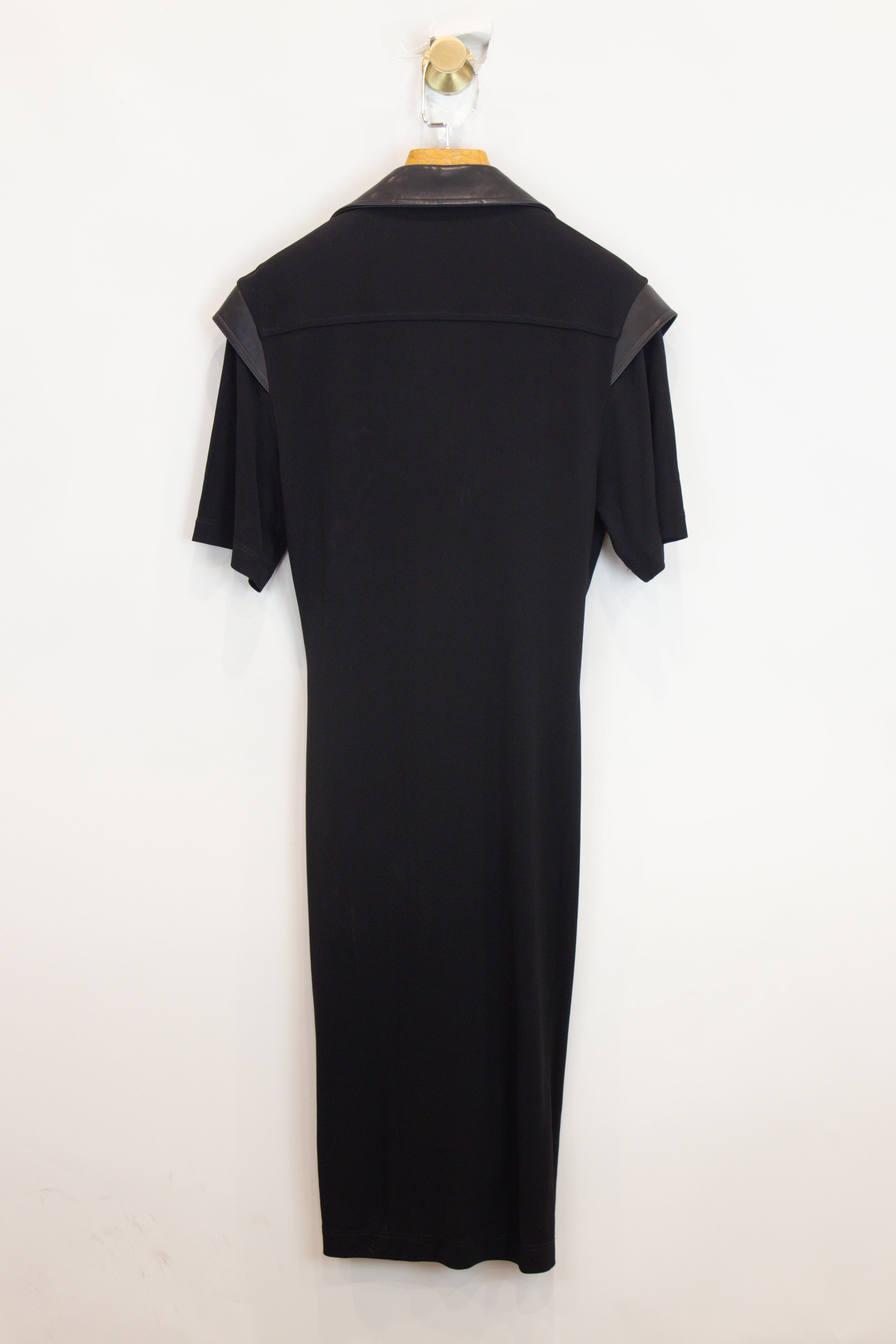 Black Short-Sleeve Dress Leather Detail Viscose/Lamb