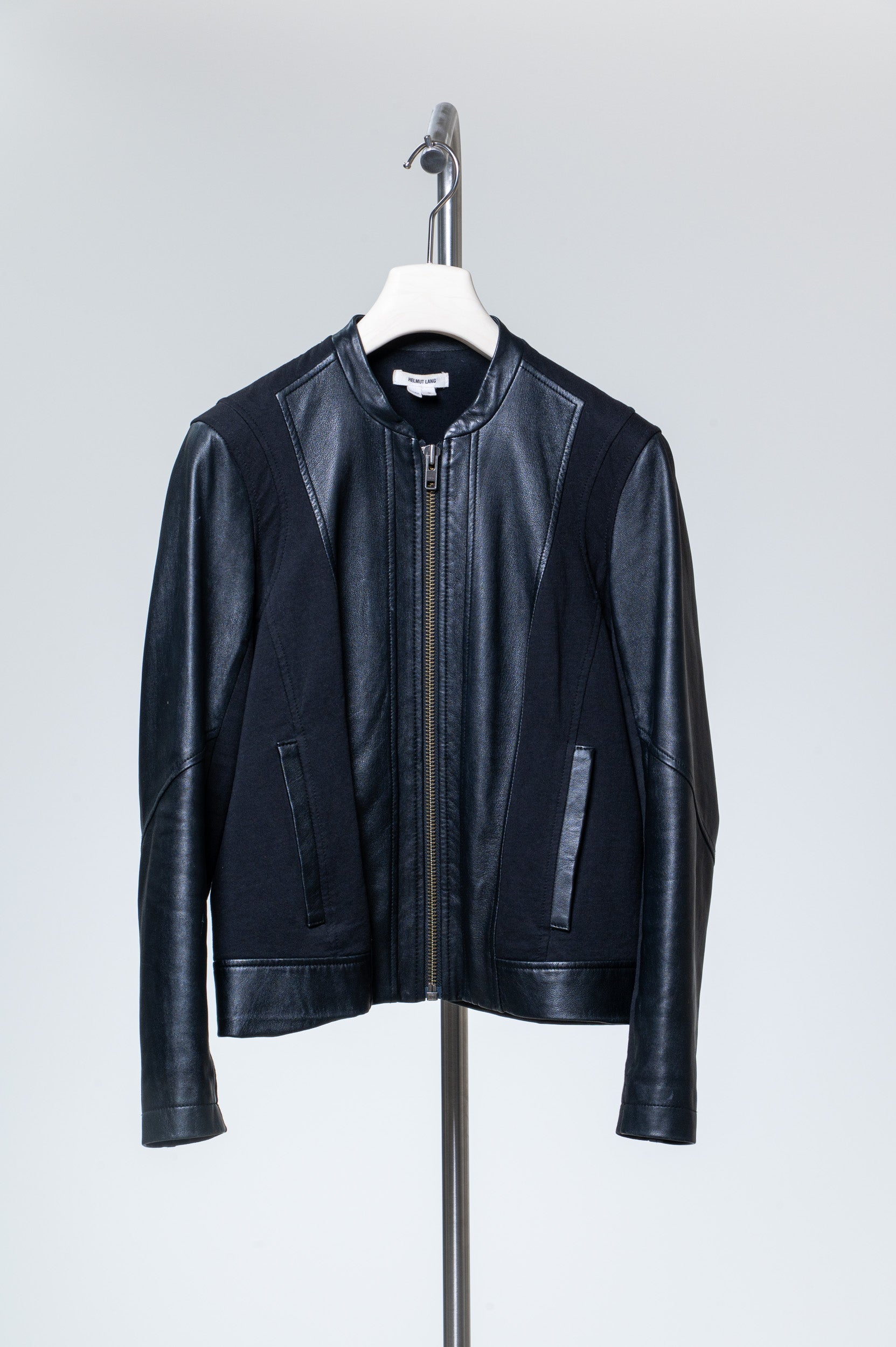 Black Leather and Fabric Zip Up Jacket Lamb/Cotton