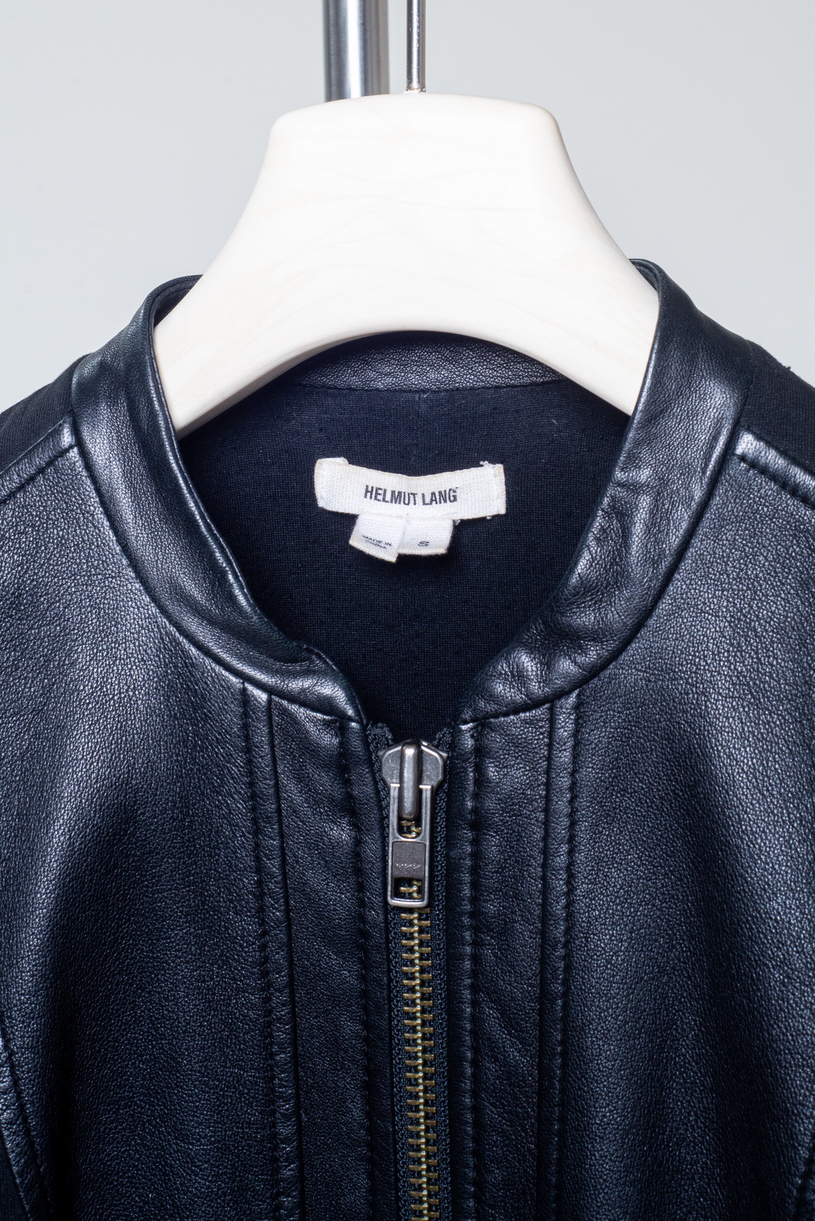 Black Leather and Fabric Zip Up Jacket Lamb/Cotton