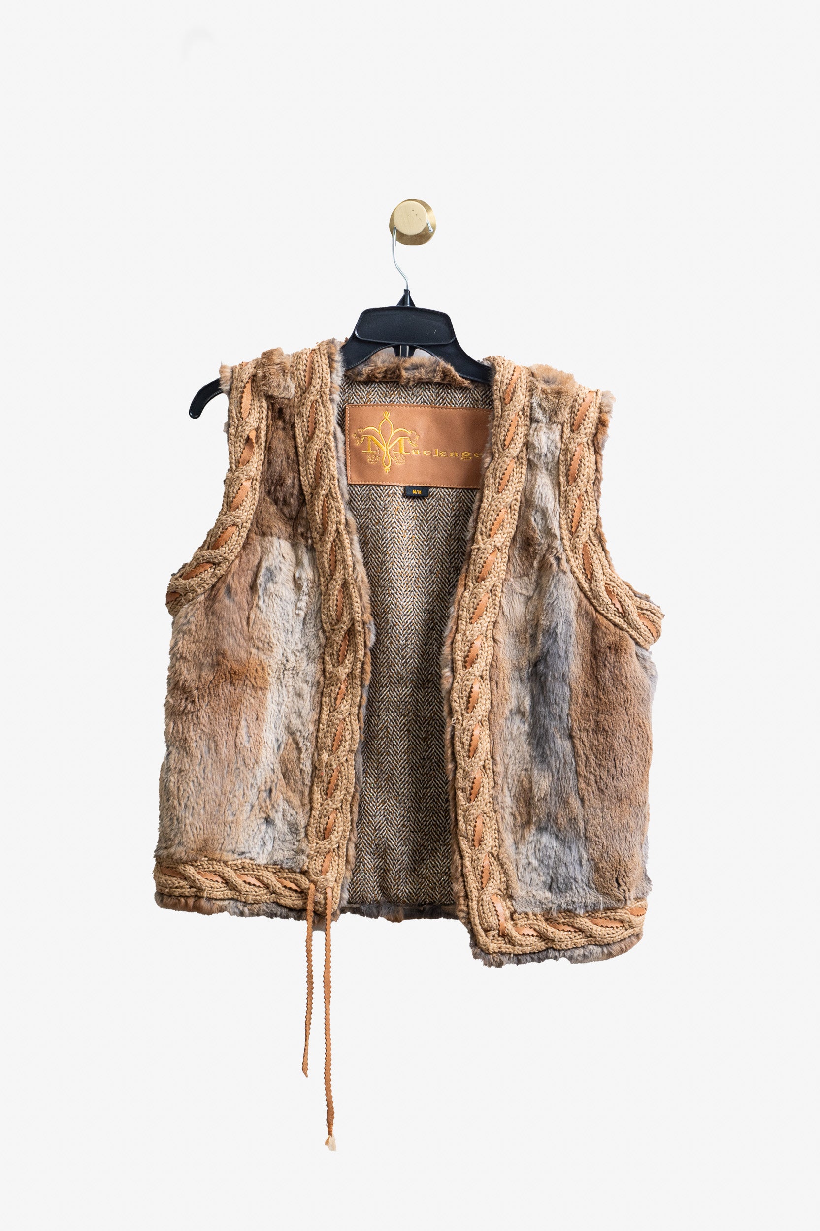 Rabbit Fur Vest With Knit Braided Trim Rabbit/Cotton