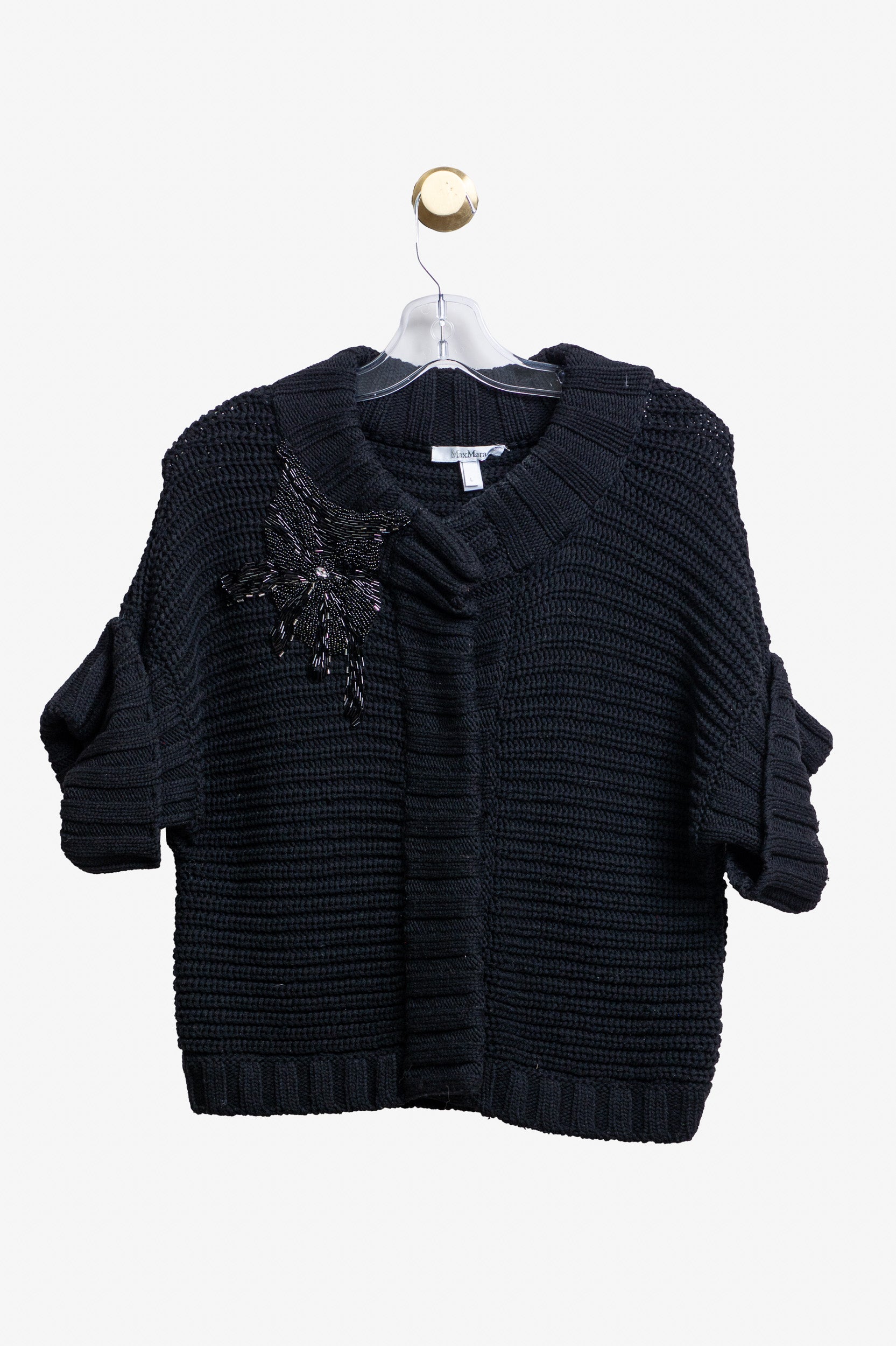 Black Chunky Knit Beaded Embroider Cardigan Wool/Bead