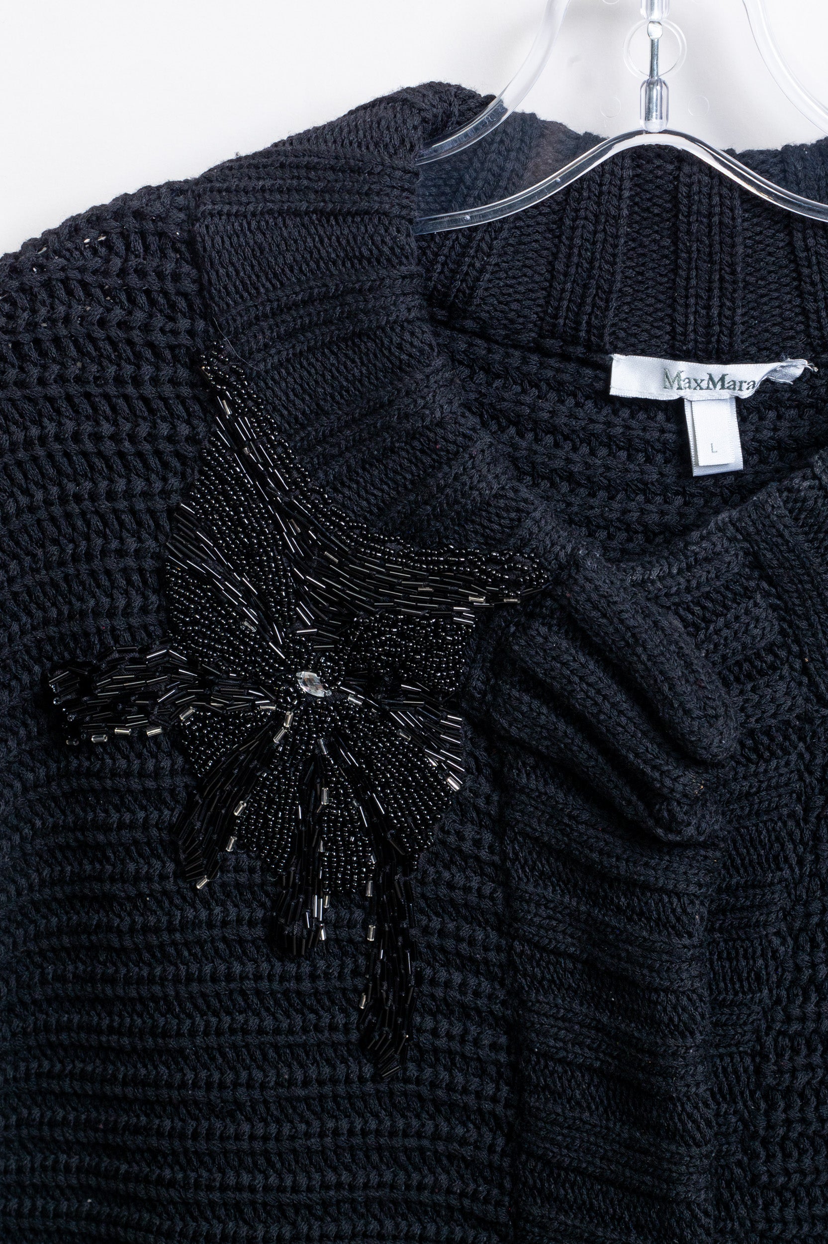 Black Chunky Knit Beaded Embroider Cardigan Wool/Bead