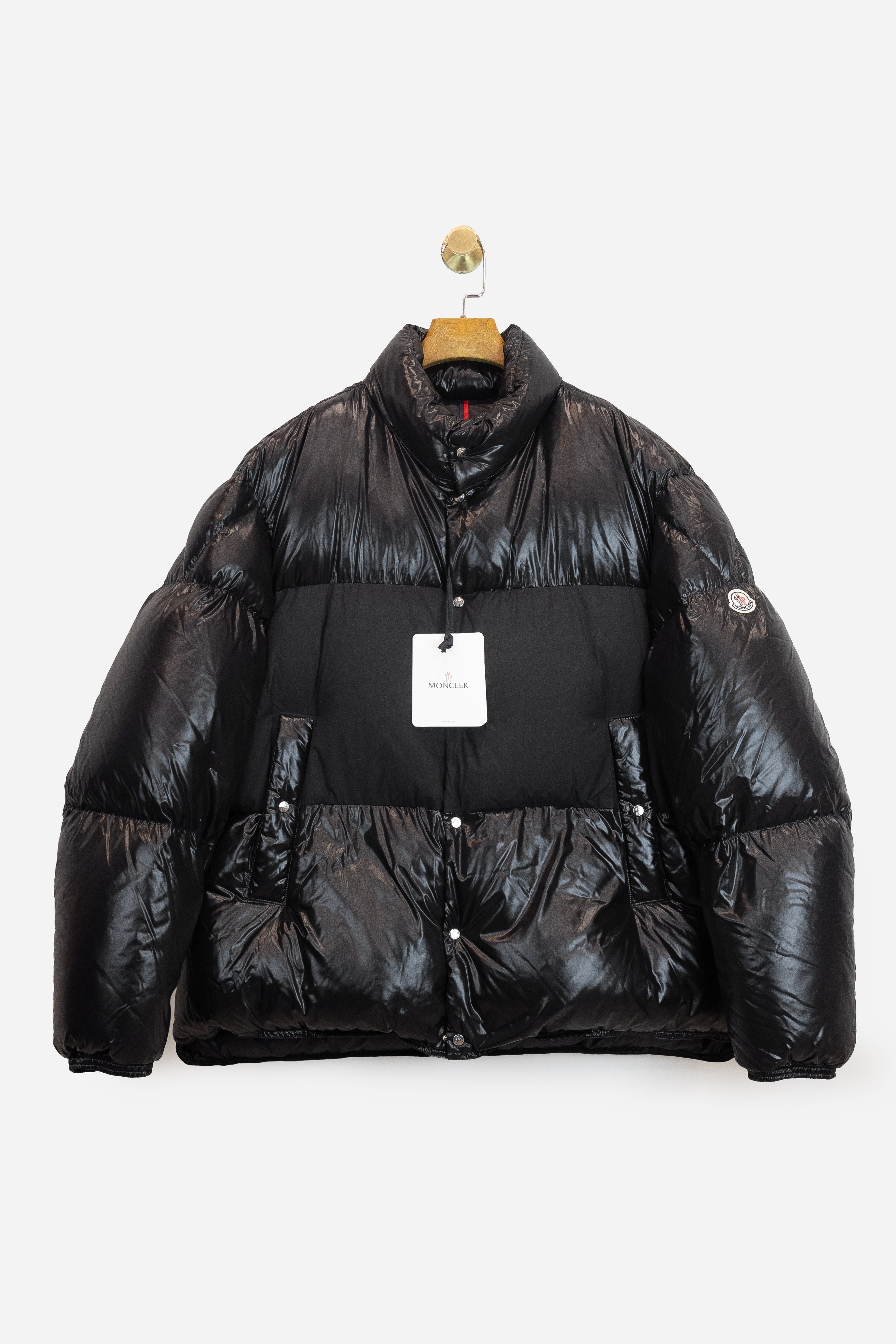Front view of Moncler Black Down 'Aynard' Shiny Puffer Jacket with original tags