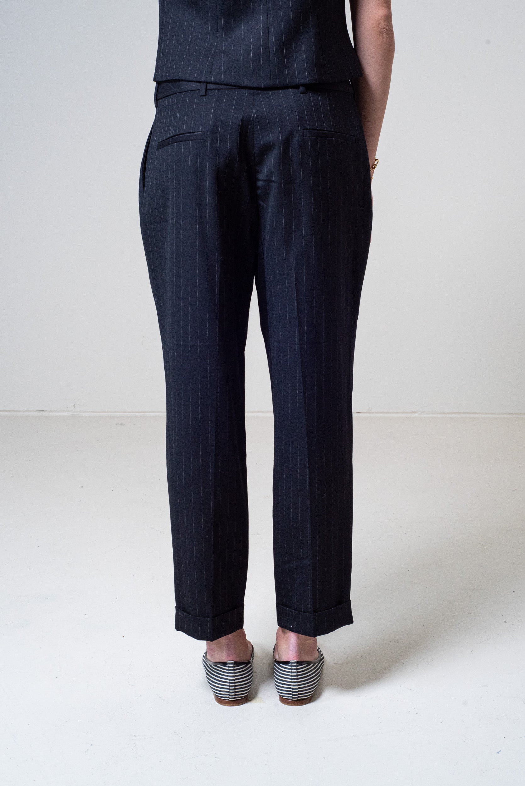 Black PinStrip Cuffed Wool Trouser