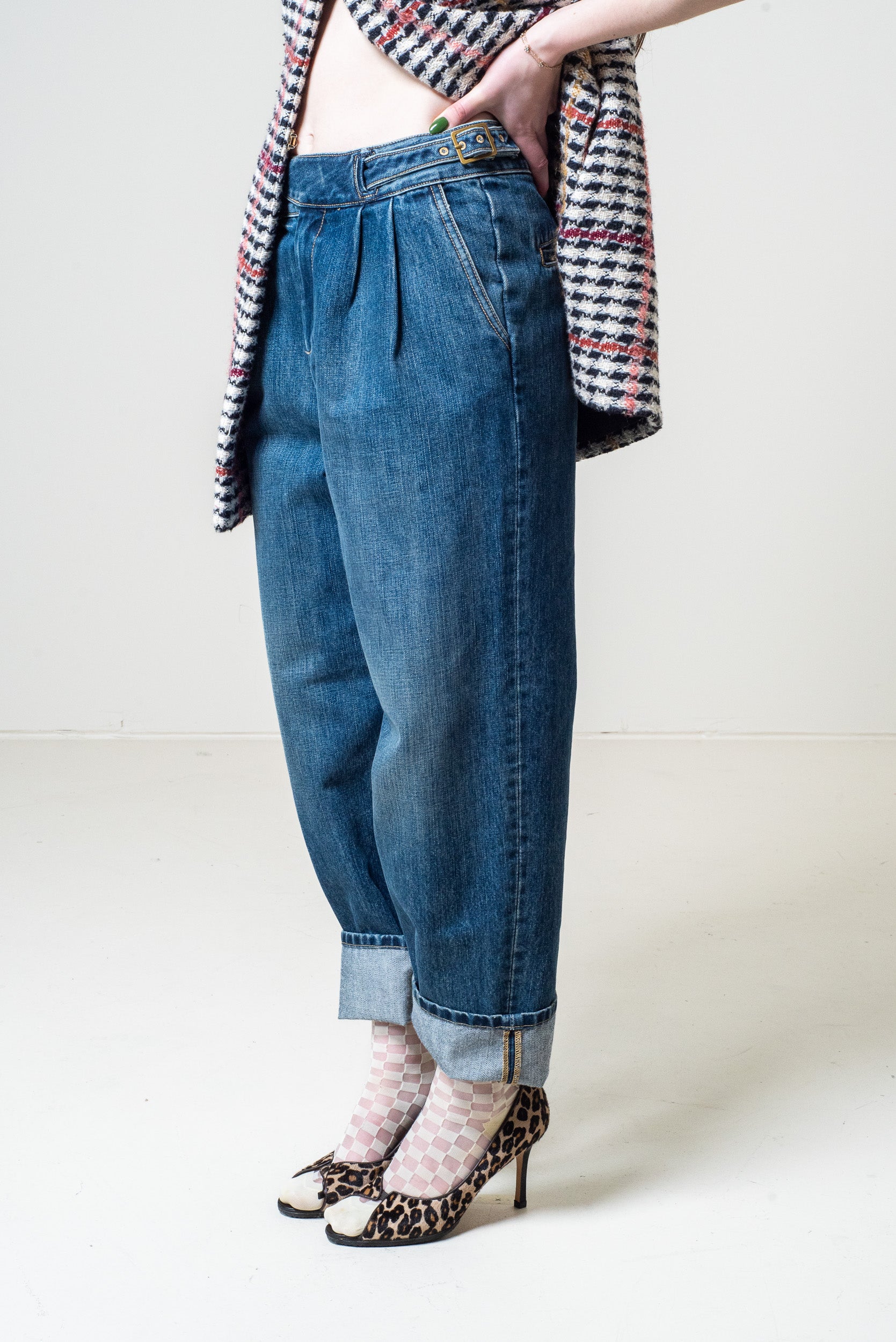 Cross Over Belted Denim Pants Cotton