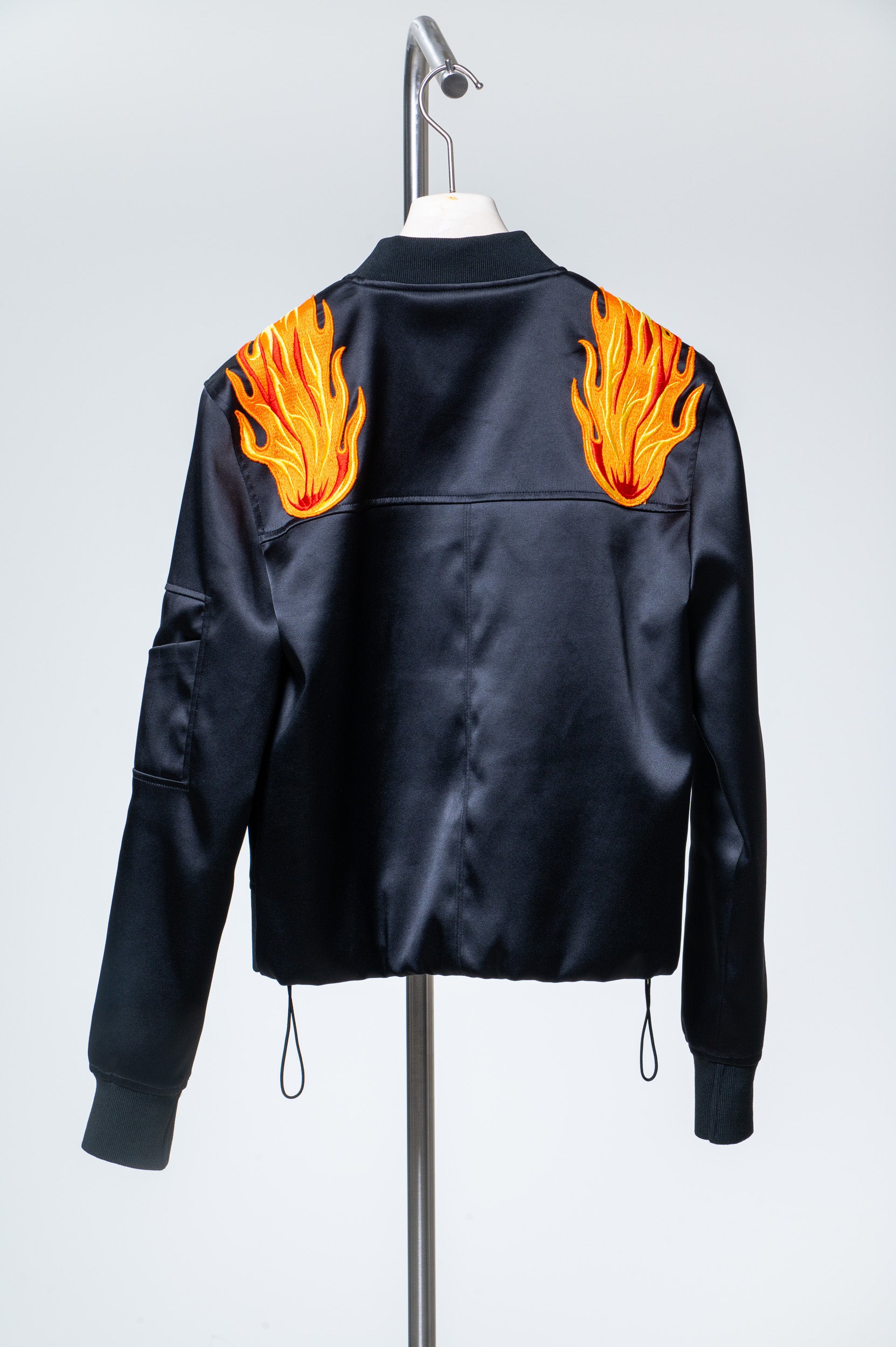 Flame Embroidered Satin Bomber Jacket