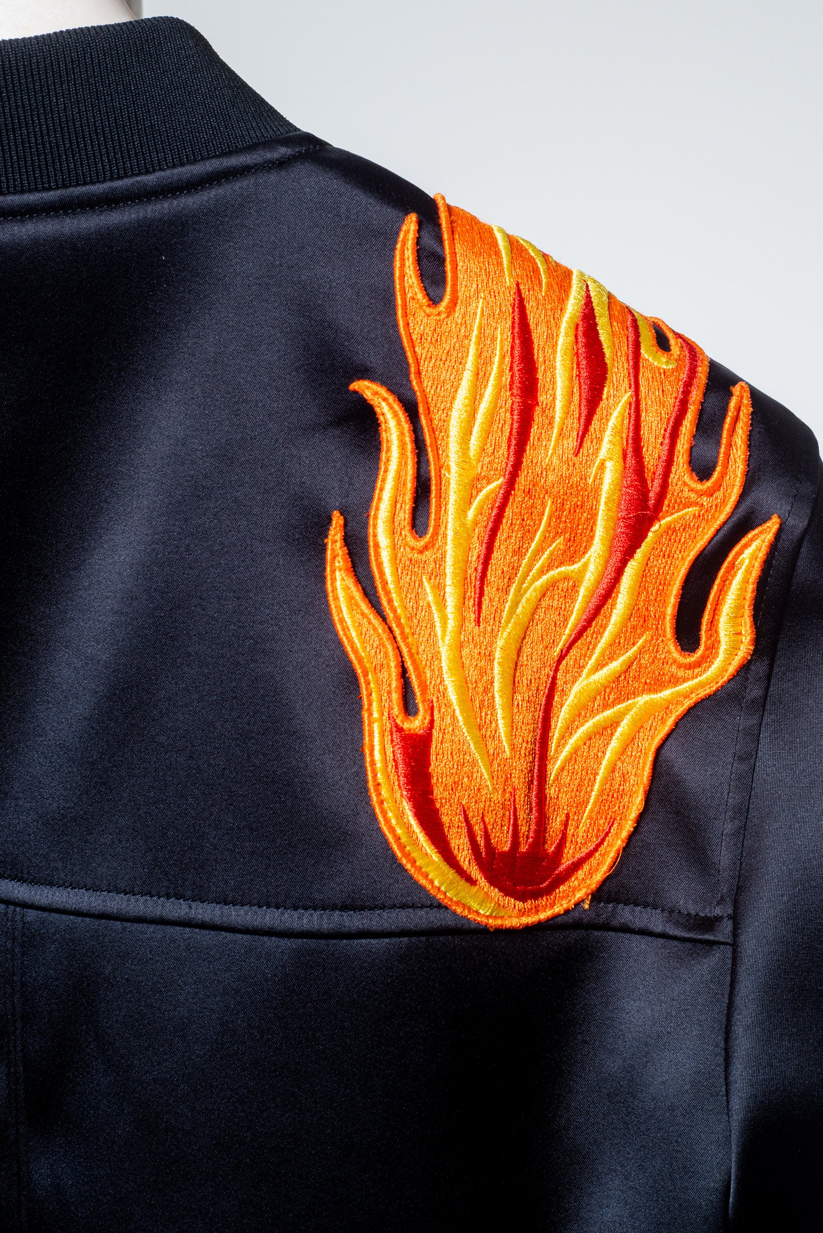 Flame Embroidered Satin Bomber Jacket