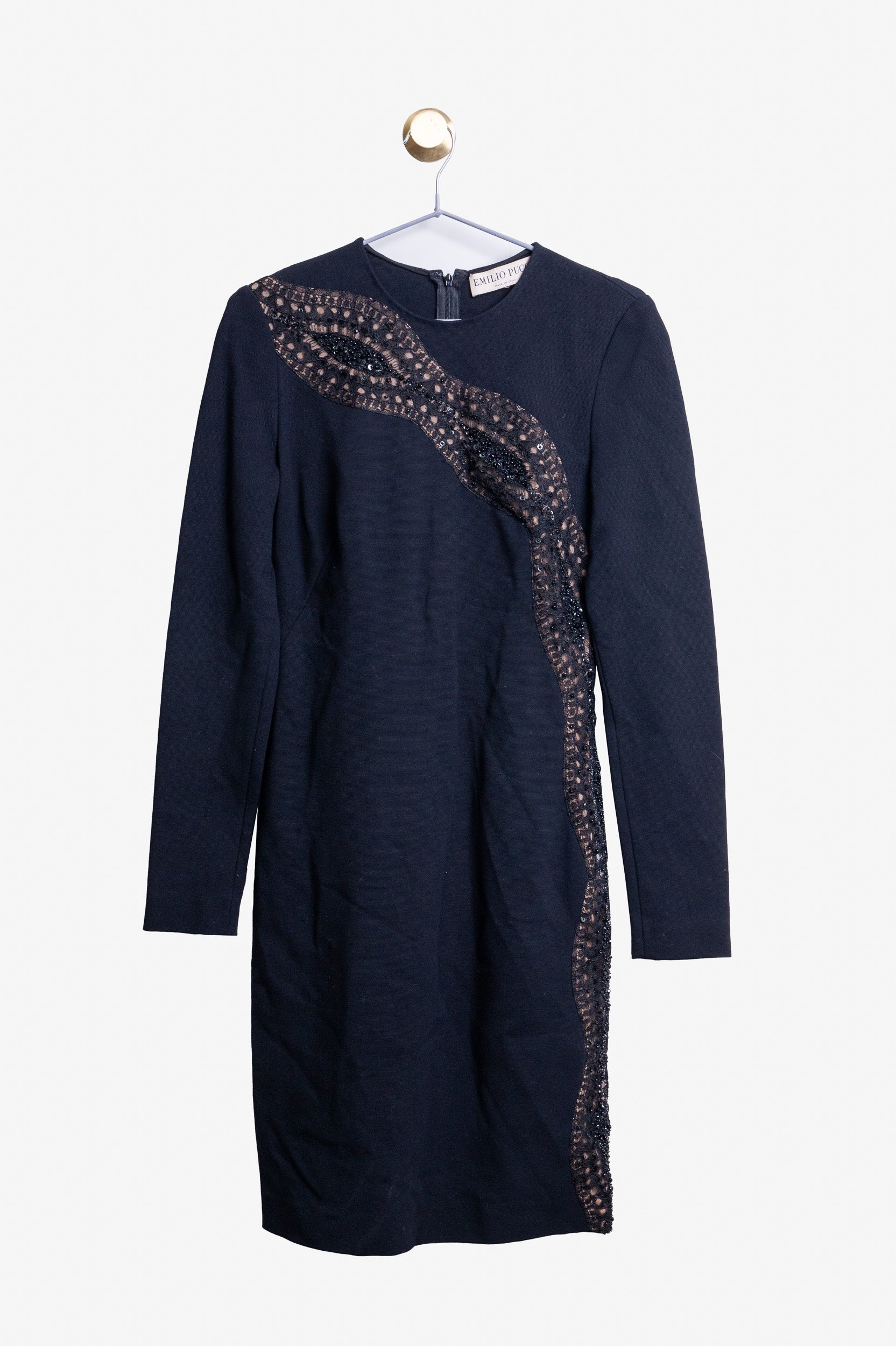 Black Long Sleeve Dress With Beaded Lace Detail Viscose/polyamid