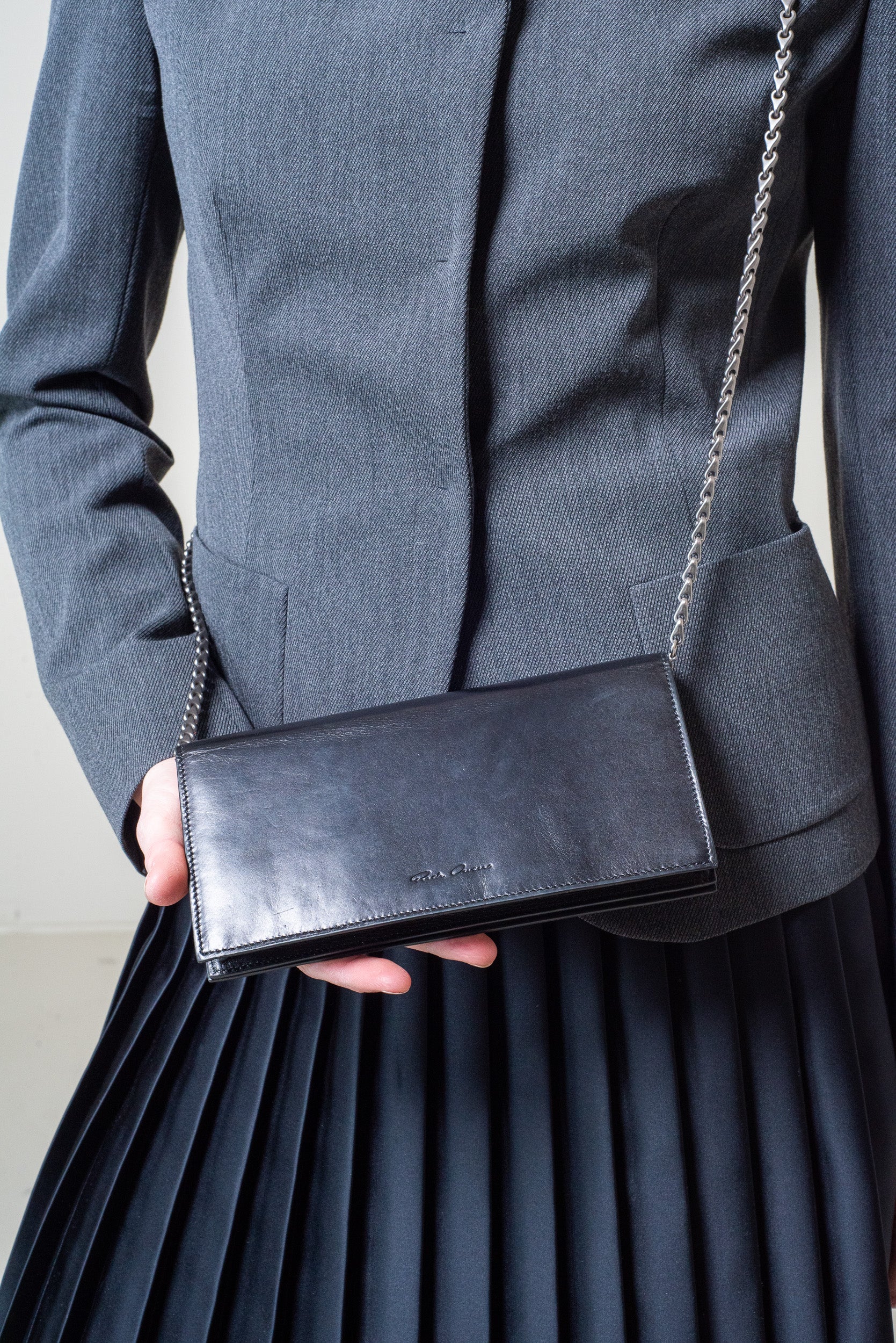 Black Flap Wallet On Chain Leather/Metal