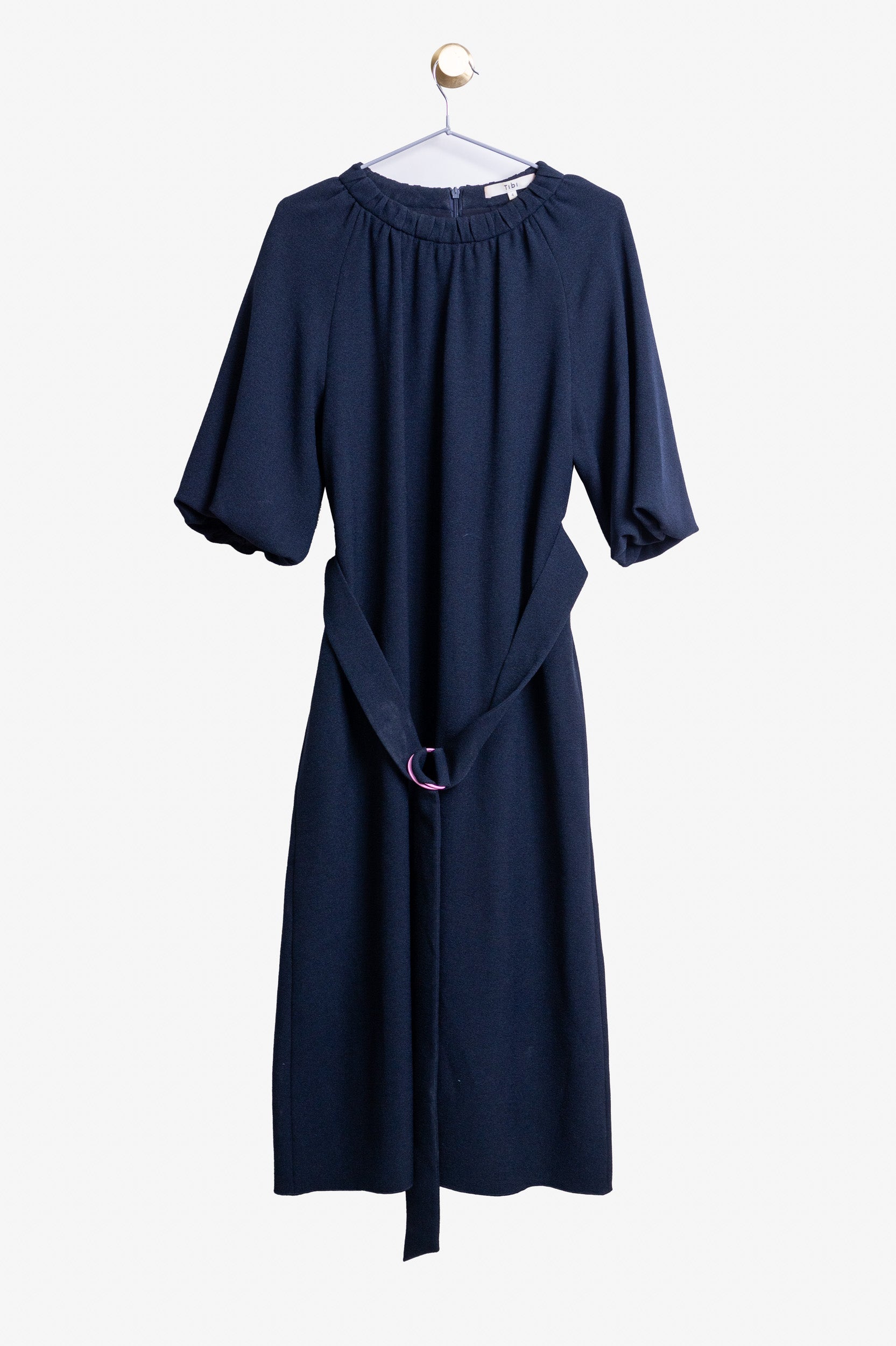 Navy Puff Sleeve Pink Belted Maxi Dress Polyester