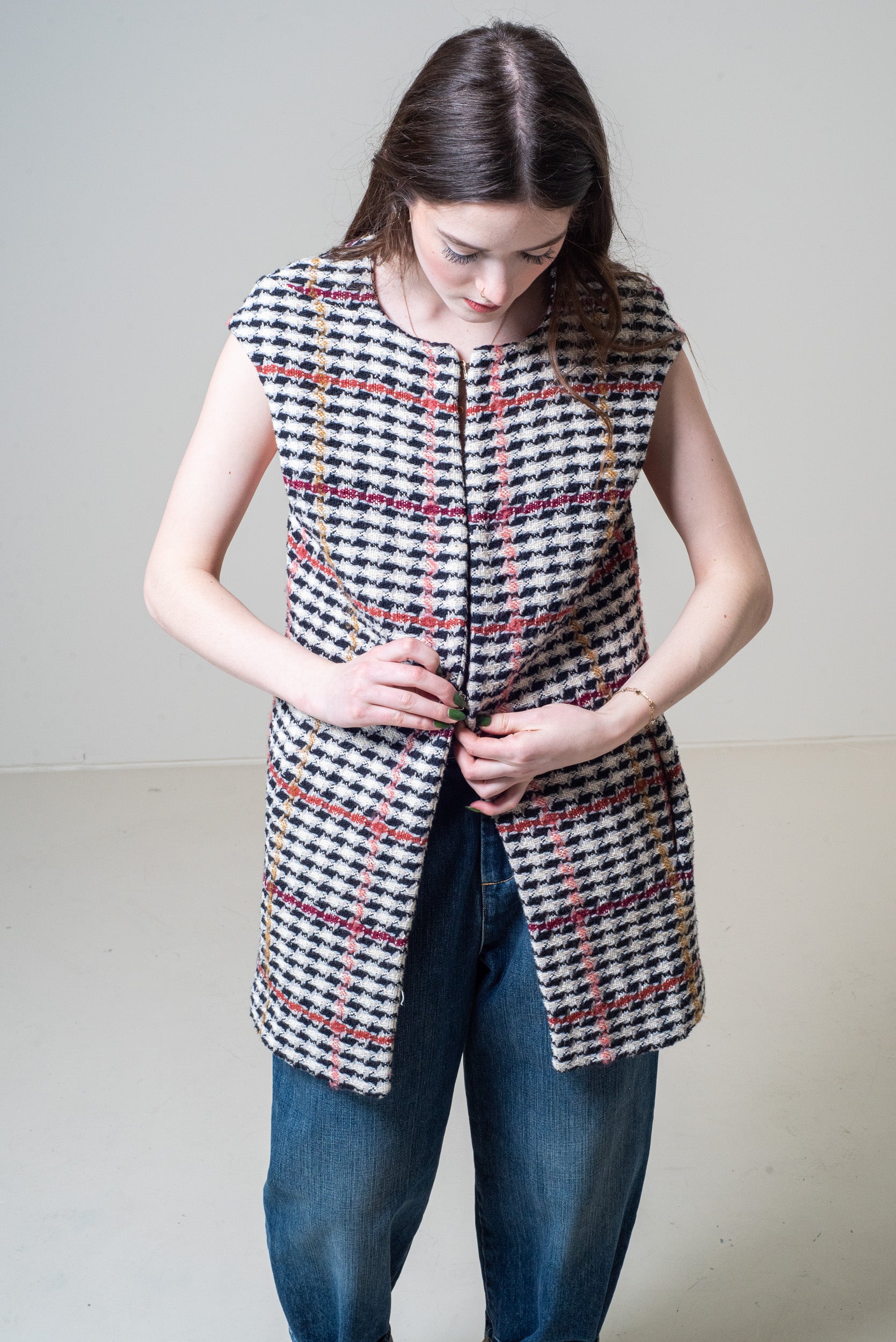 Houndstooth Long Tweed Vest