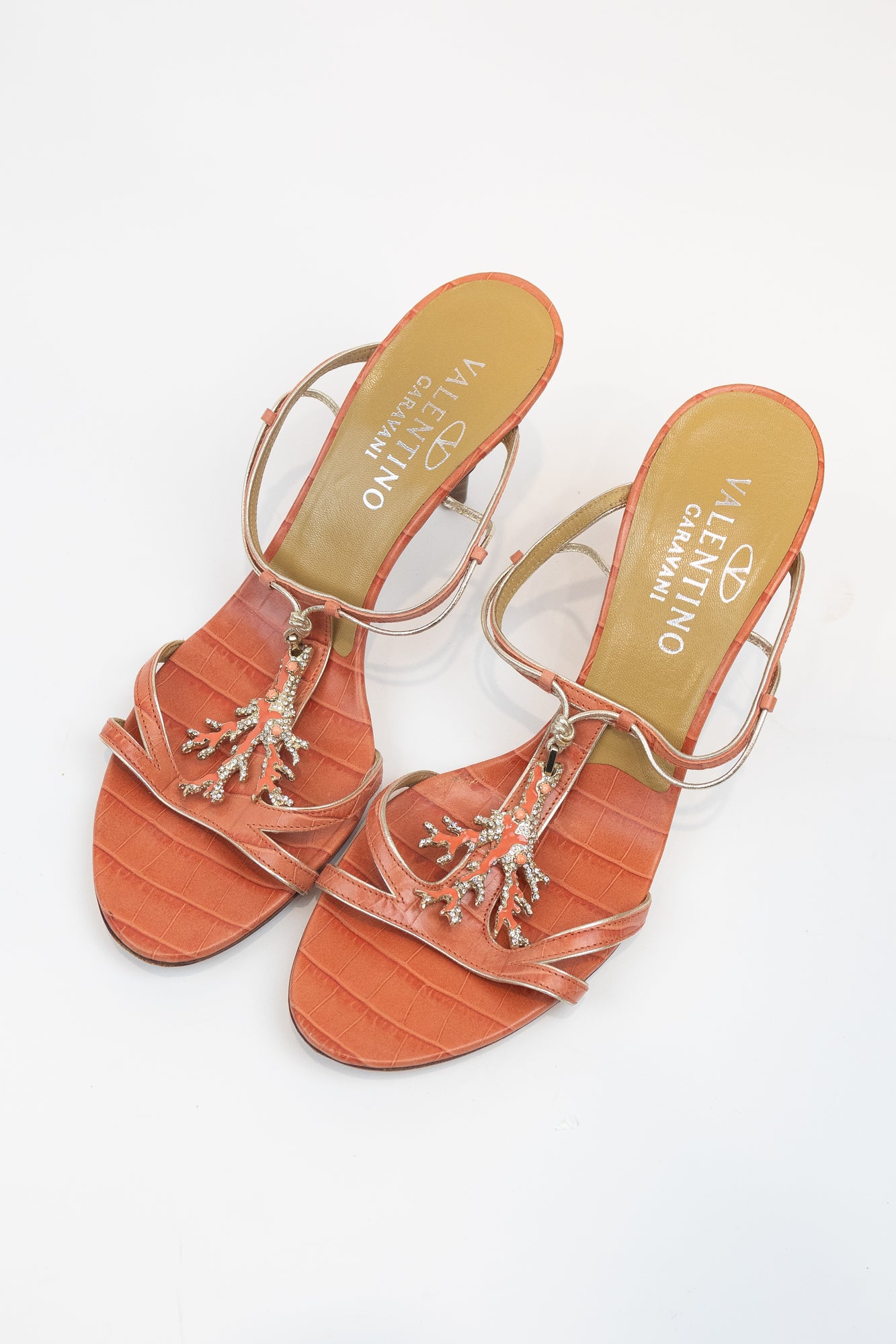 Orange Coral Embossed Leather Crystal Heels