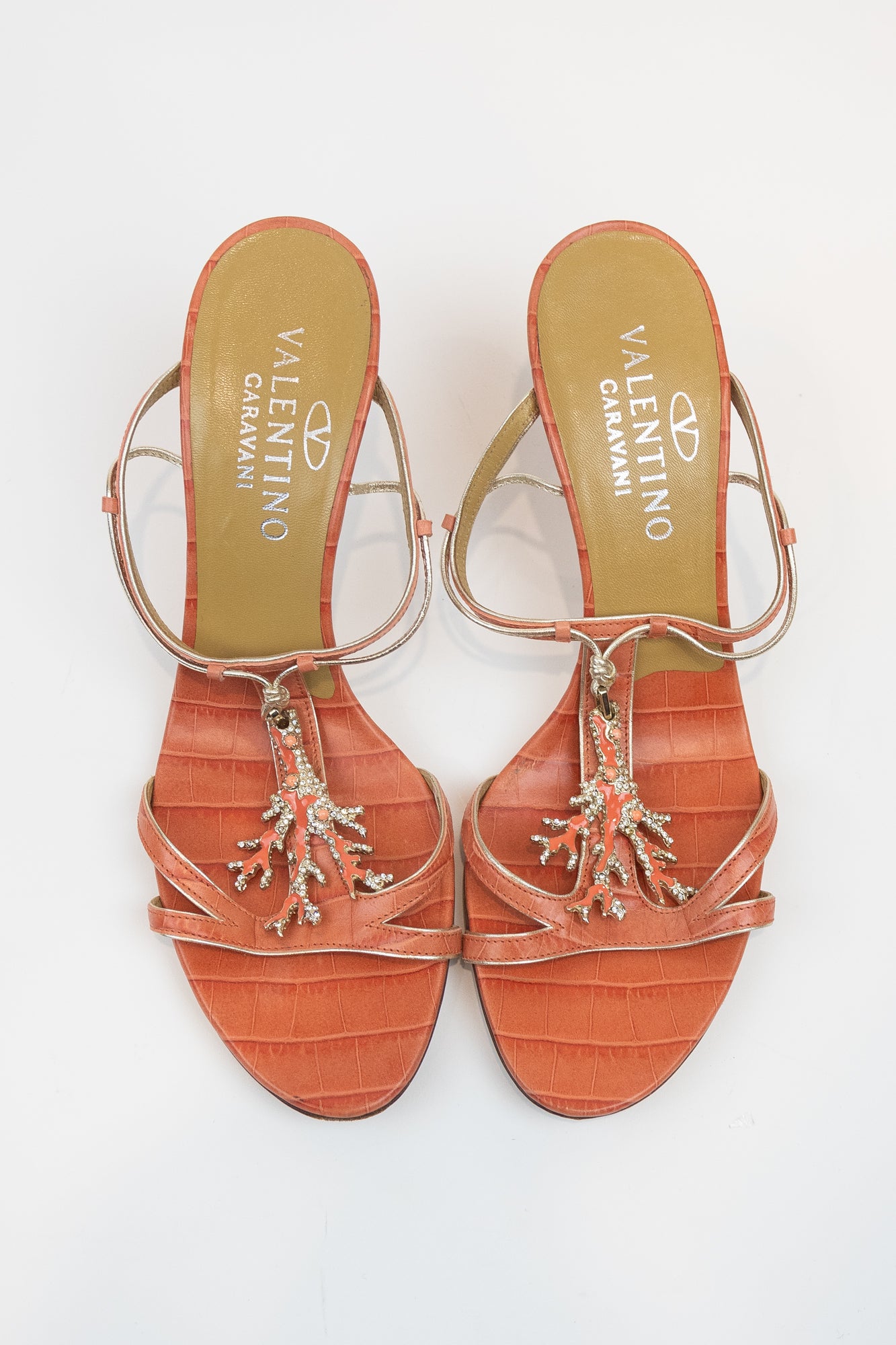 Orange Coral Embossed Leather Crystal Heels