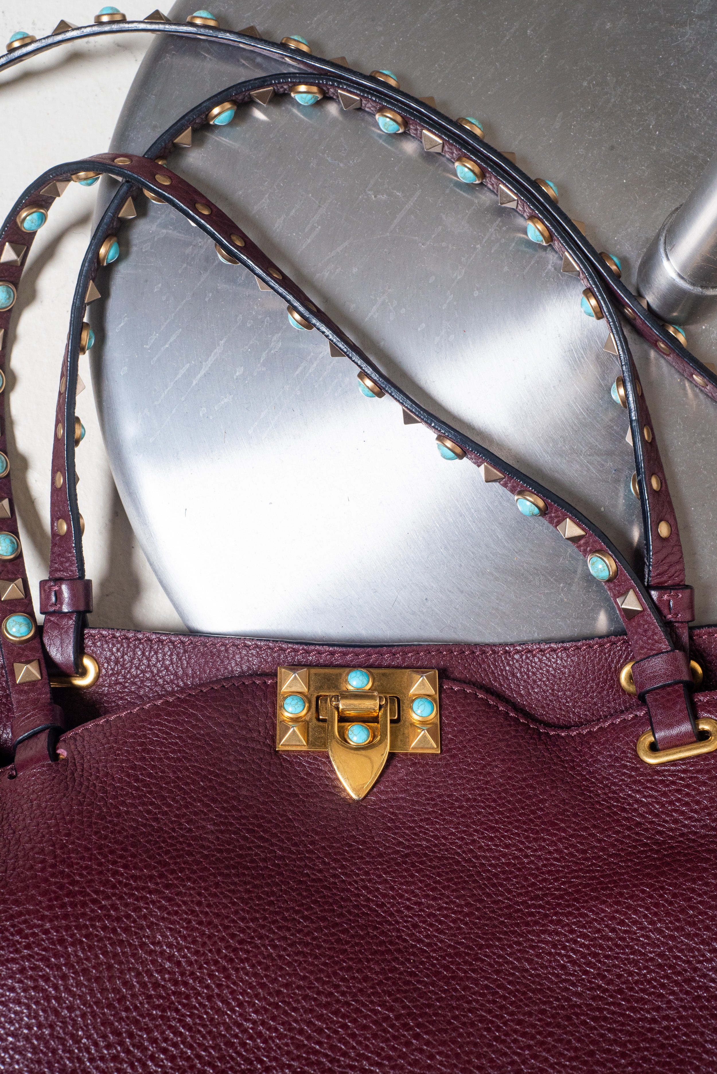 Burgundy Leather Turquoise Studded Tote Leather/Gem