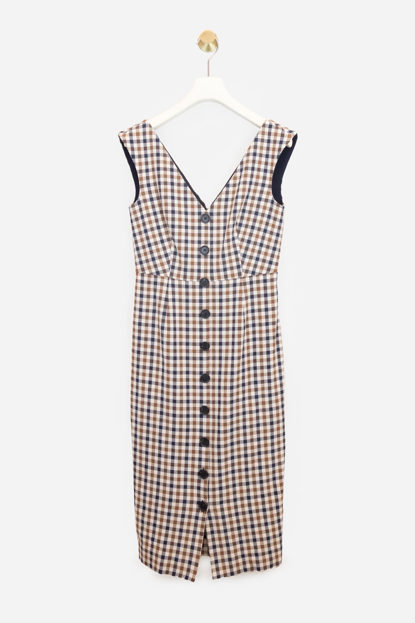 Brown Plaid Sleeveless V-Neck Dress Cotton