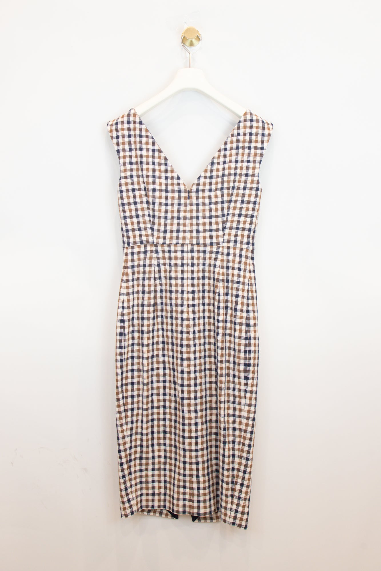 Brown Plaid Sleeveless V-Neck Dress Cotton