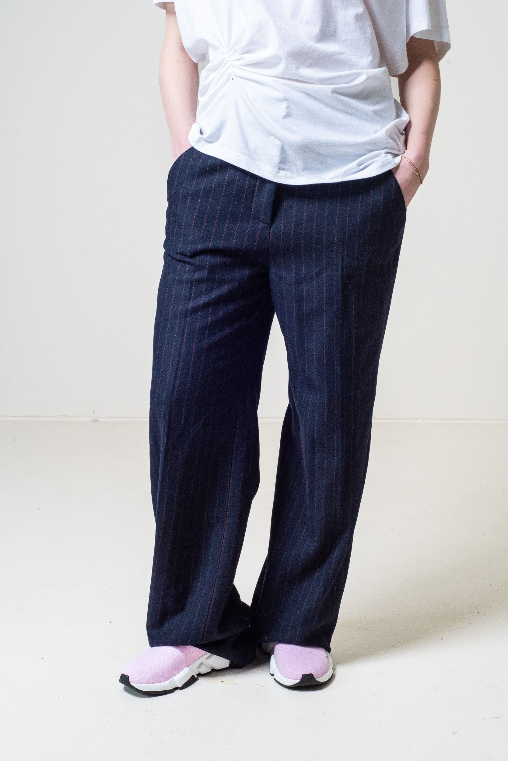 Navy And Red Wool Pin Stripe Wide Leg Pant