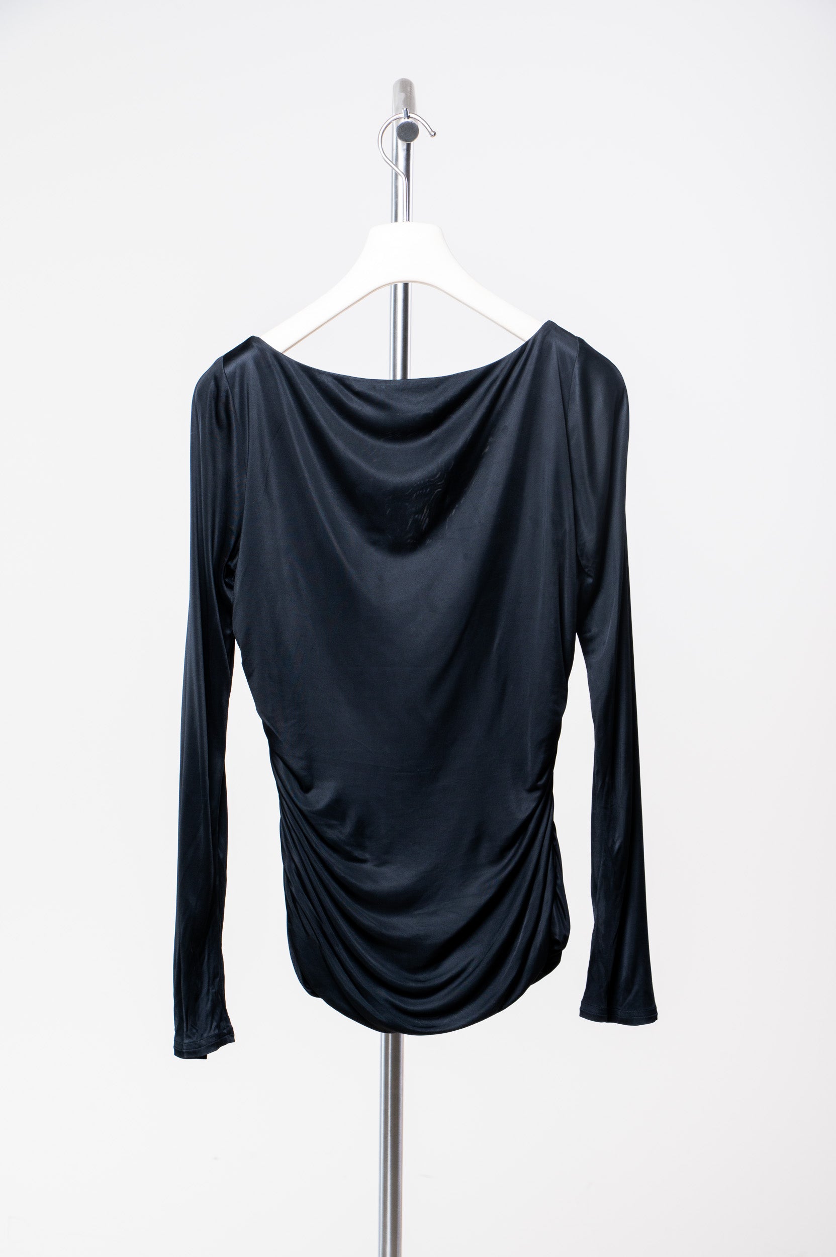 Black Silk-like Gathered Long Sleeve Top