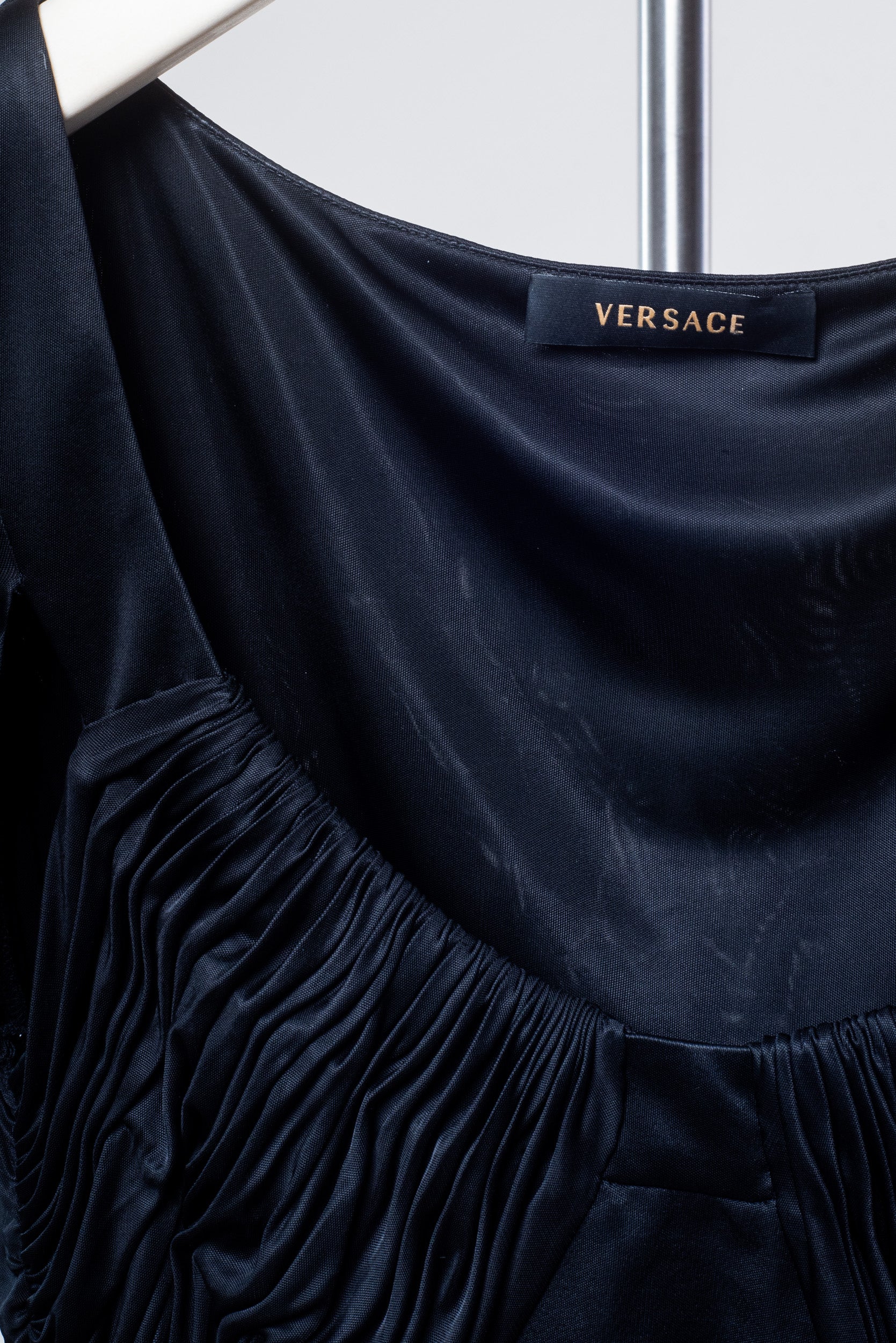 Black Silk-like Gathered Long Sleeve Top