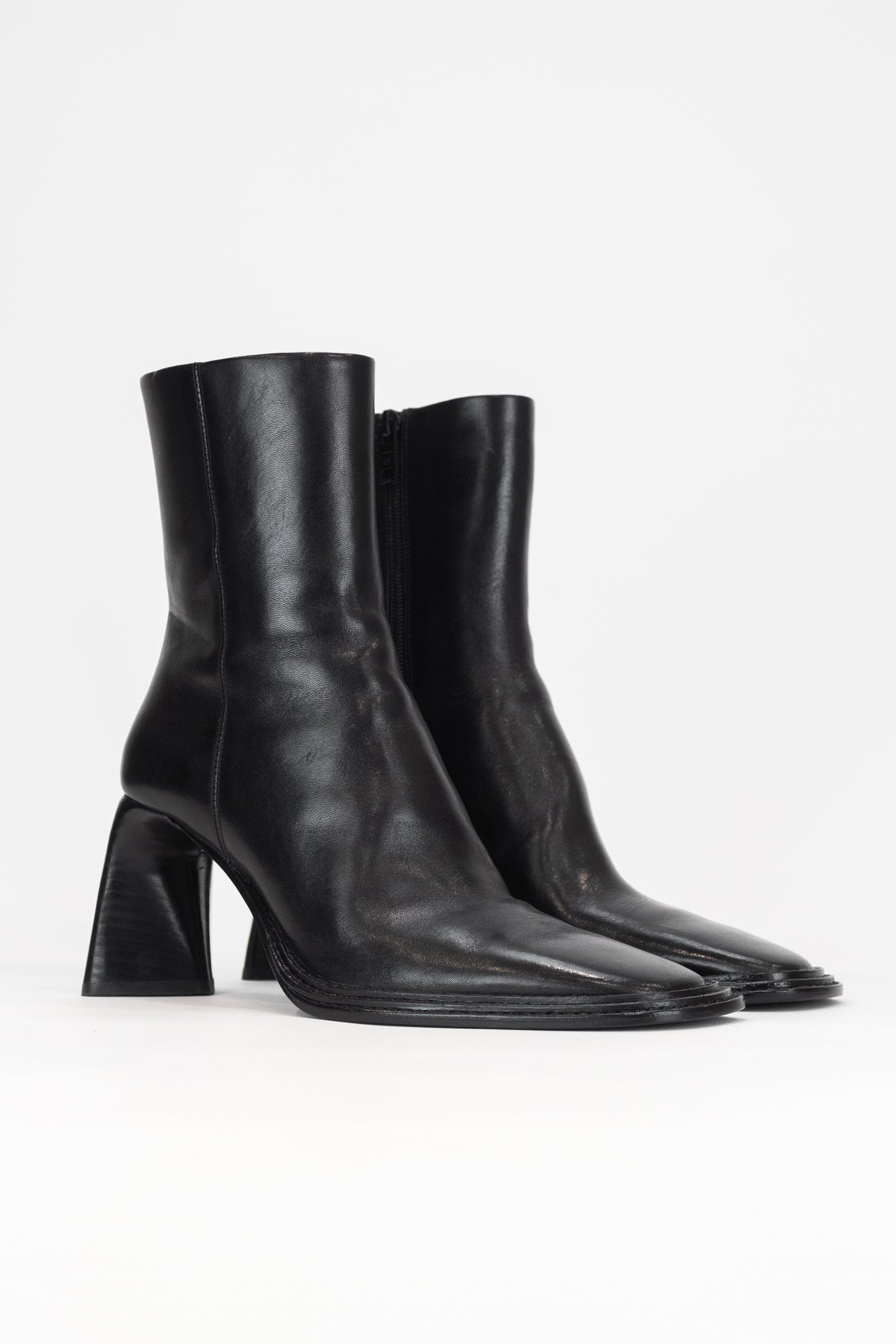 Triangle Block Heel Leather Ankle Boots