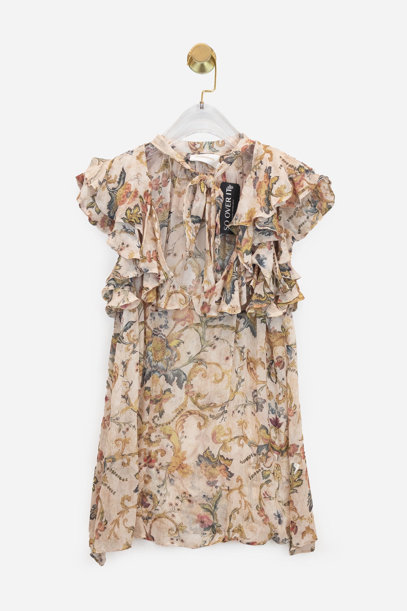 Beige Floral Ruffle Front Neck Tie Blouse