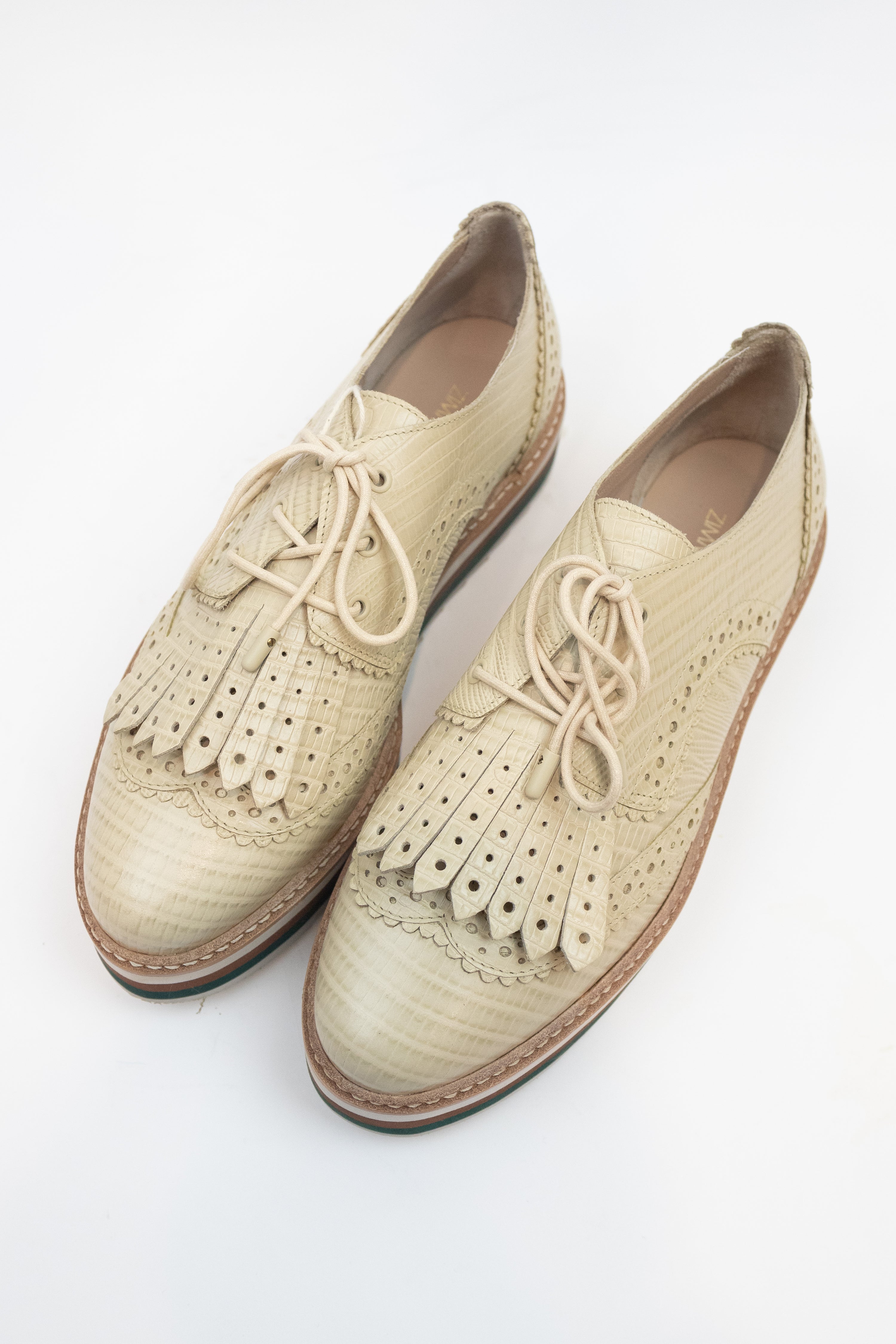 Beige Ecru Lace Up Leather Loafers Leather