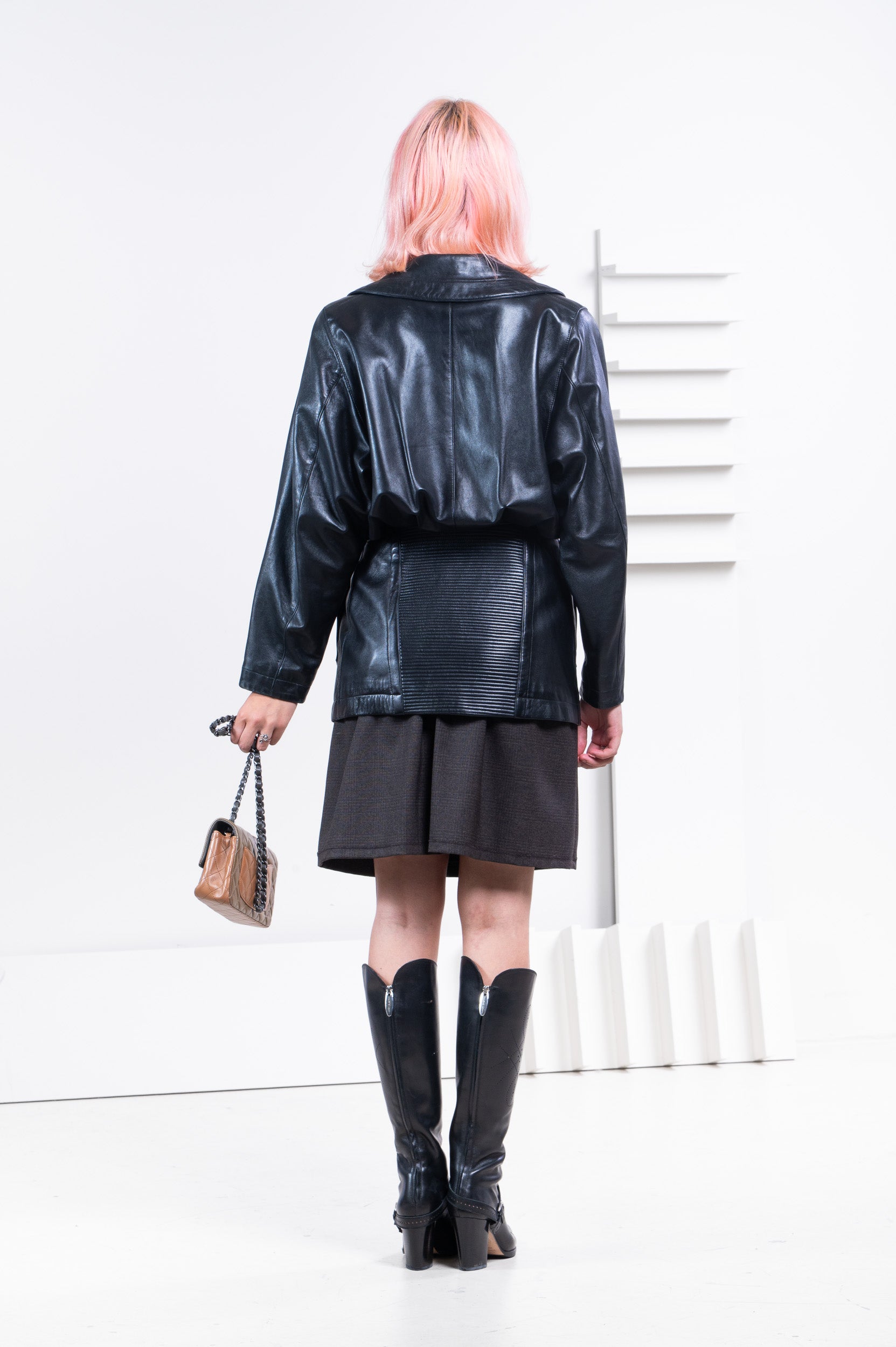 Vintage Black Cinched Waist Leather Jacket