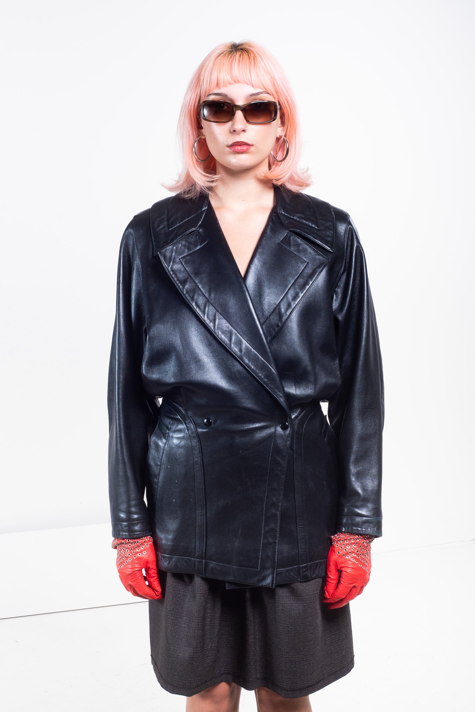 Vintage Black Cinched Waist Leather Jacket