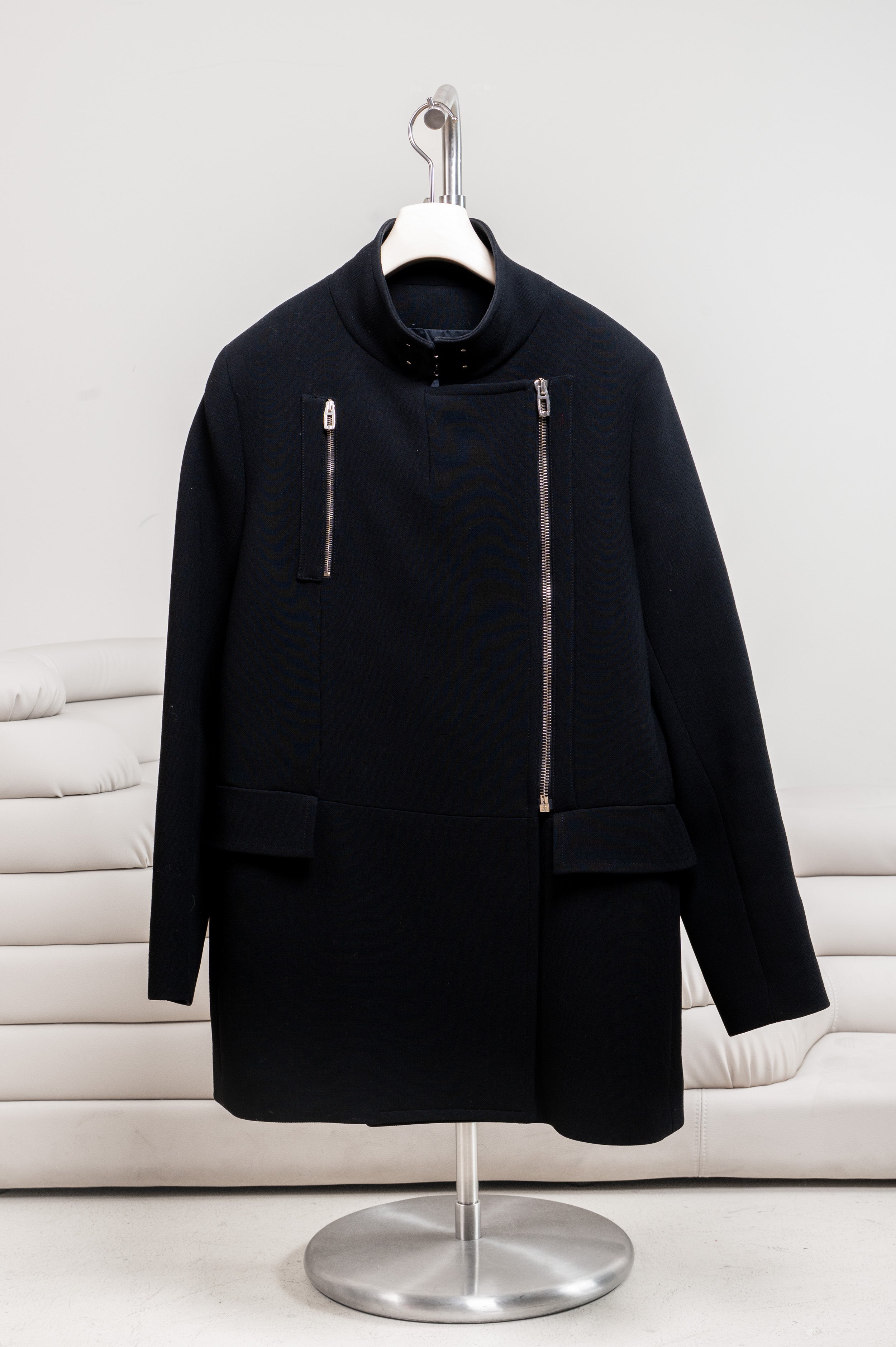 Black Double Breated Zipper Wool Coat