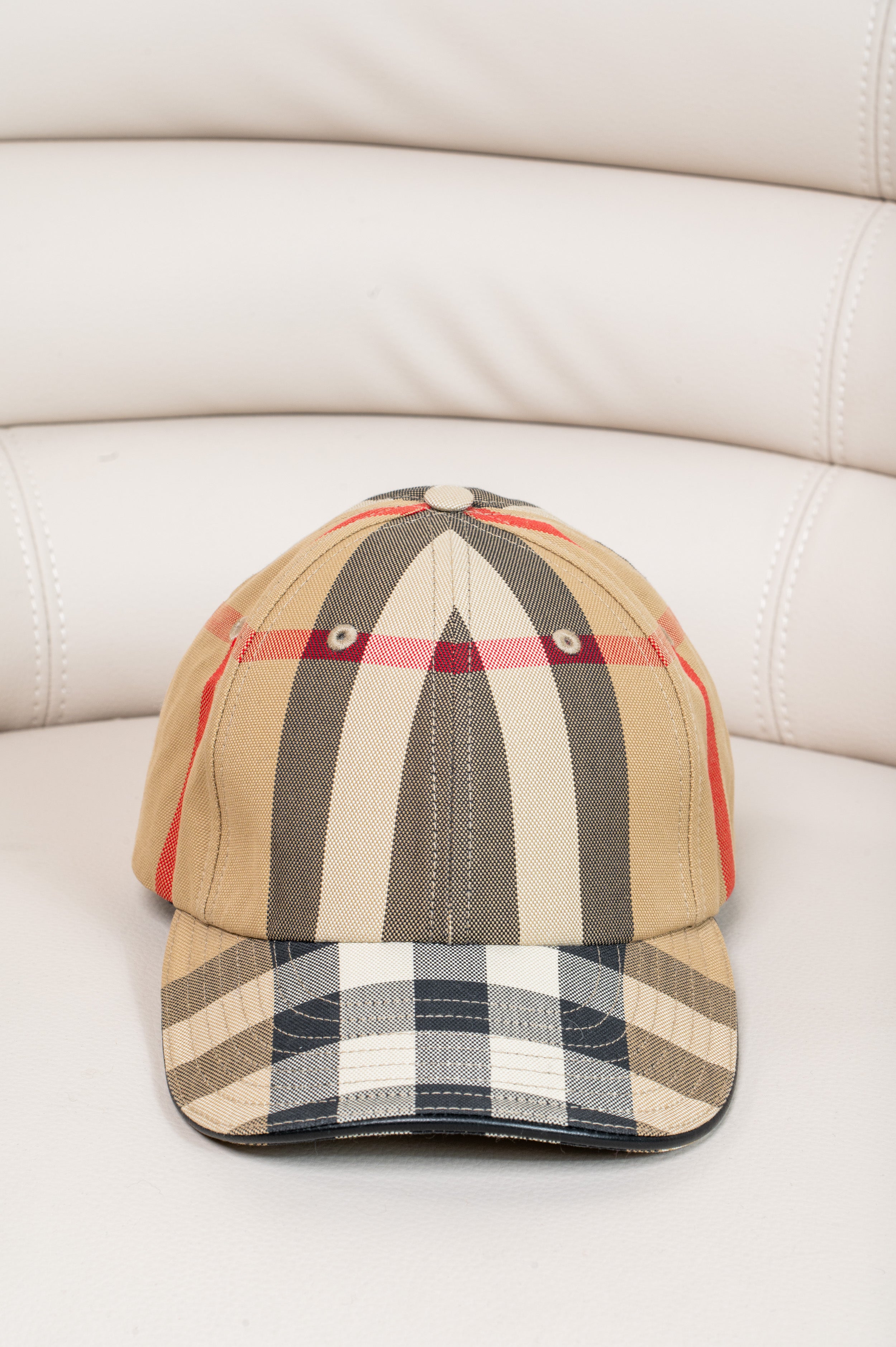 Check Print and Leather Trim Baseball Hat