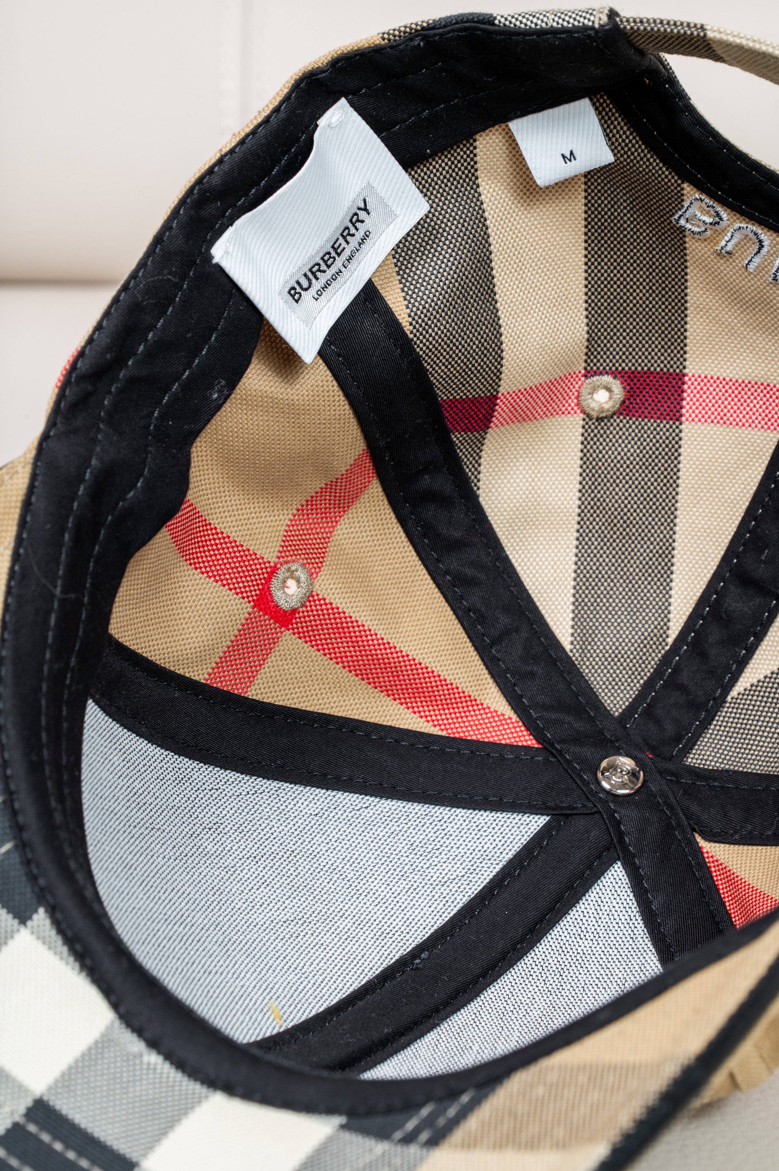 Check Print and Leather Trim Baseball Hat