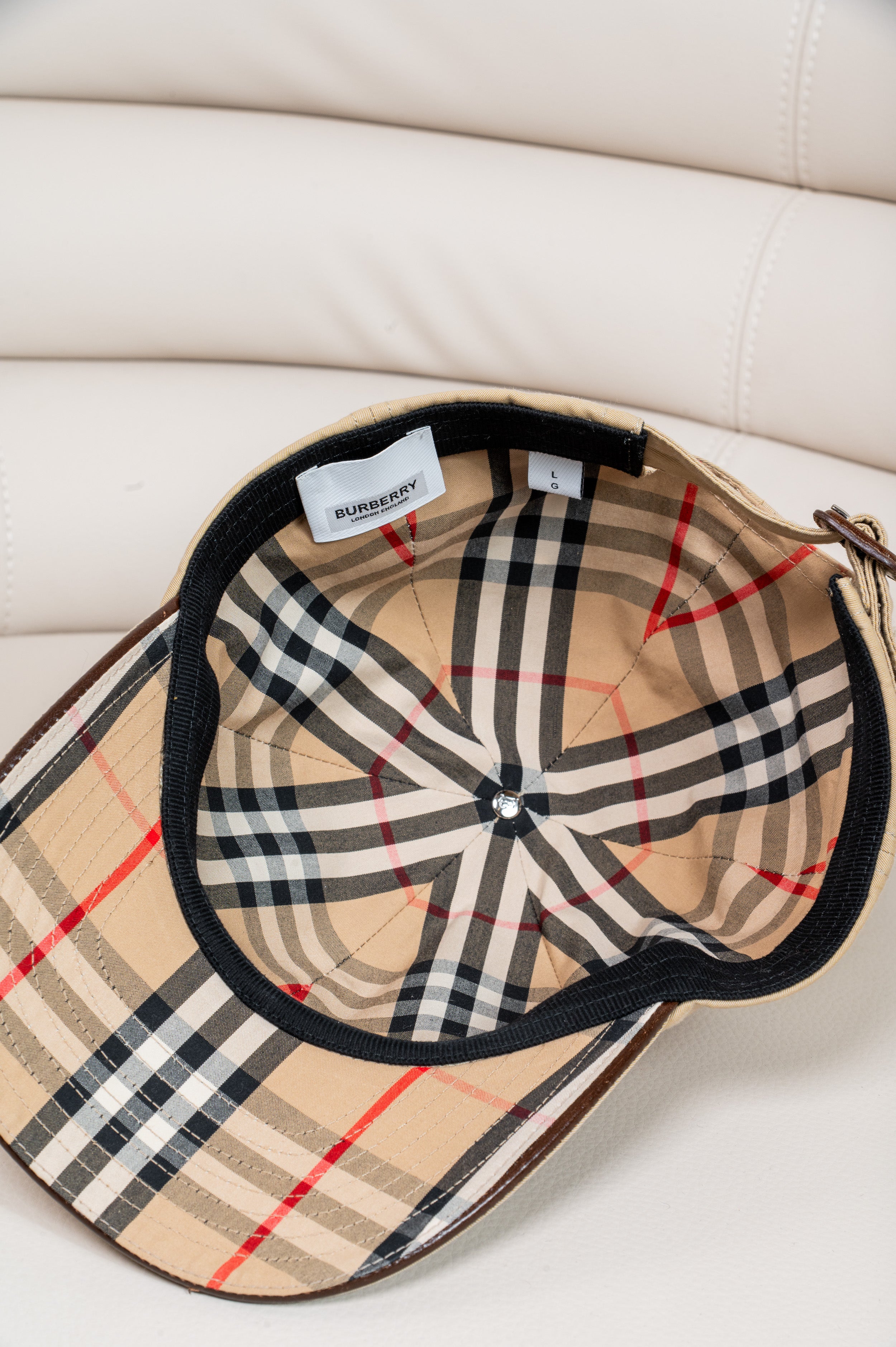 Beige Leather Trim Baseball Hat