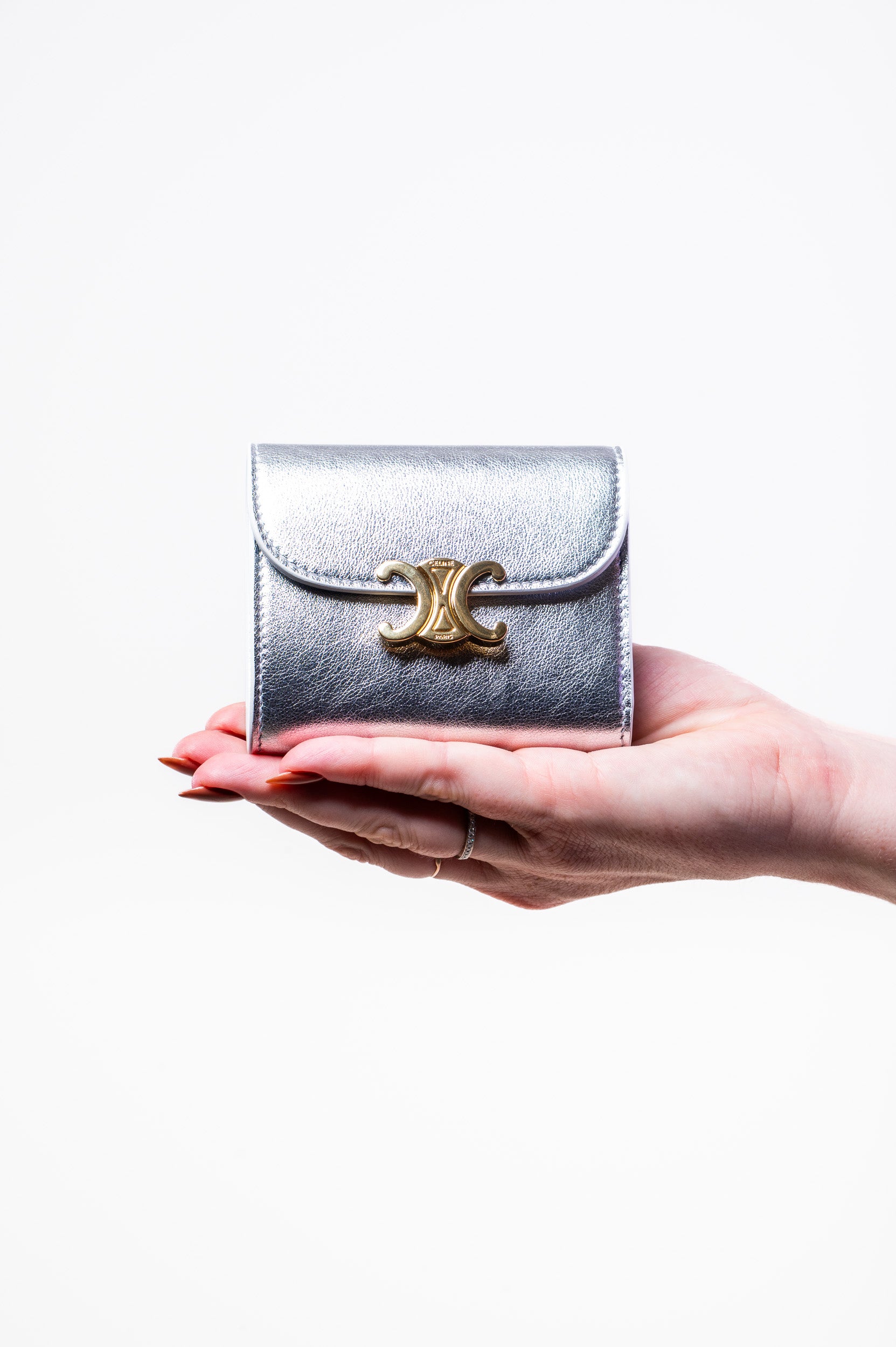 Silver Metallic Calfksin Small Triomphe Trifold Wallet