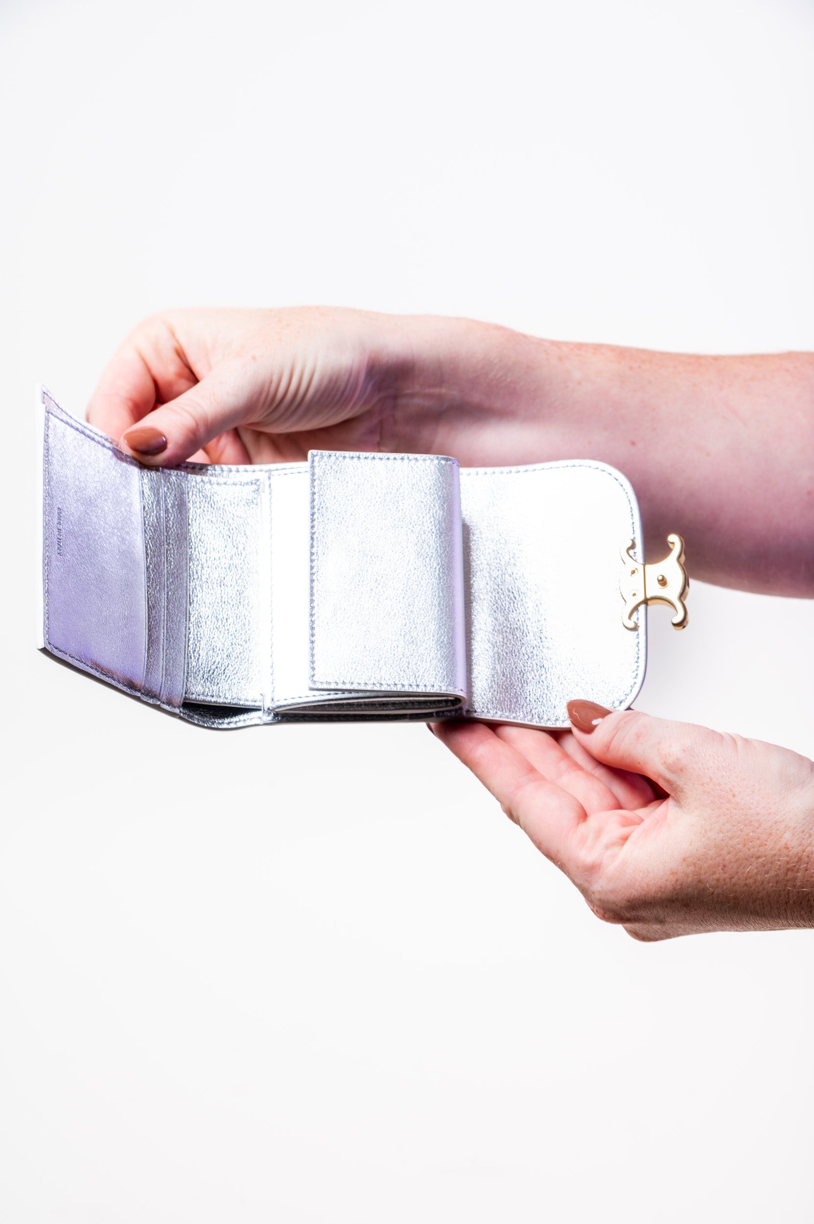 Silver Metallic Calfksin Small Triomphe Trifold Wallet