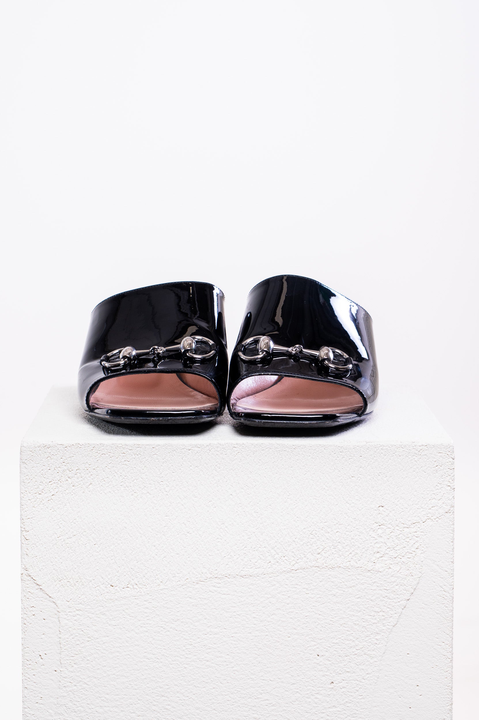 Black Patent Leather Horsebit Block Heel Slides