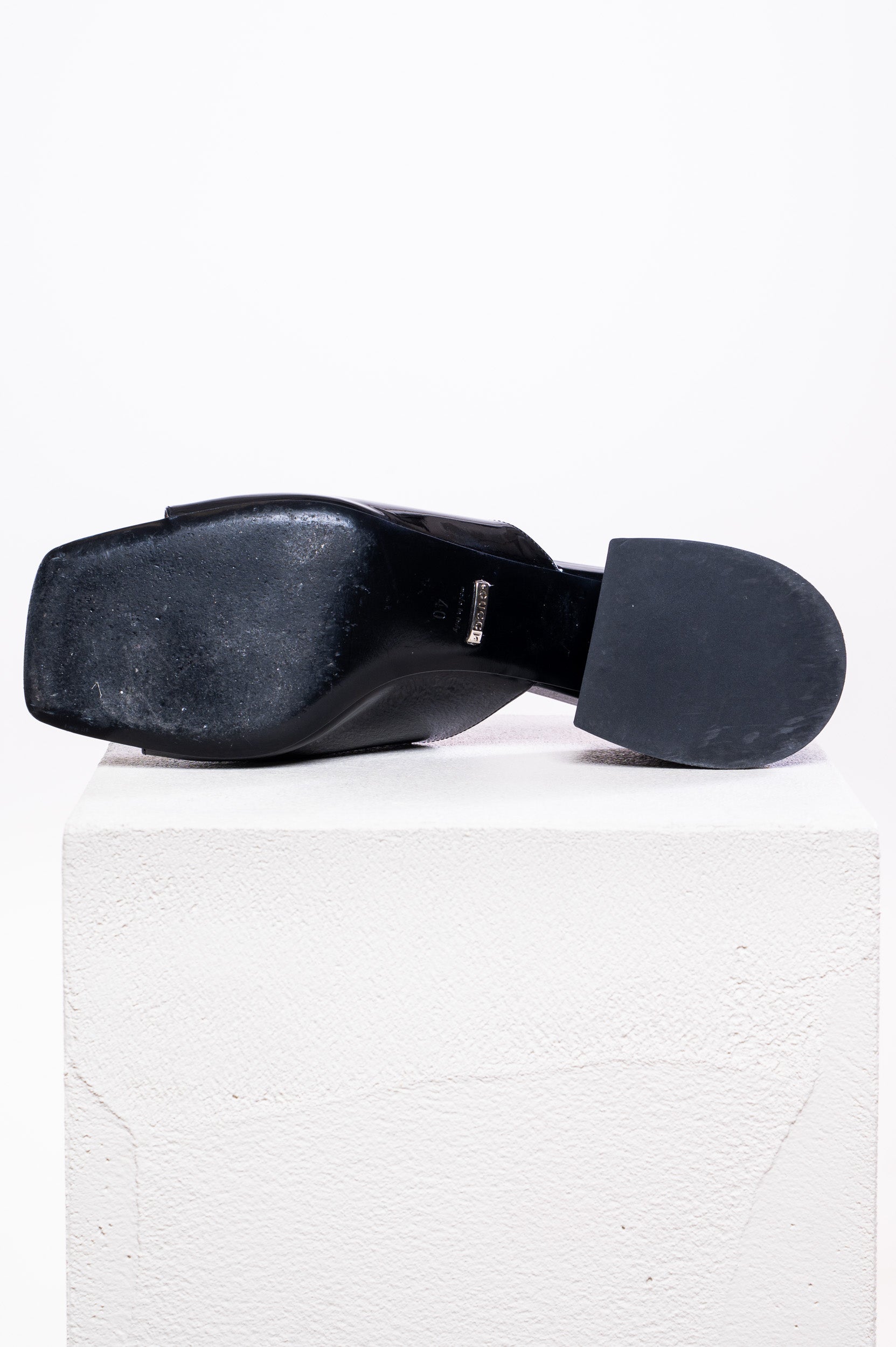 Black Patent Leather Horsebit Block Heel Slides
