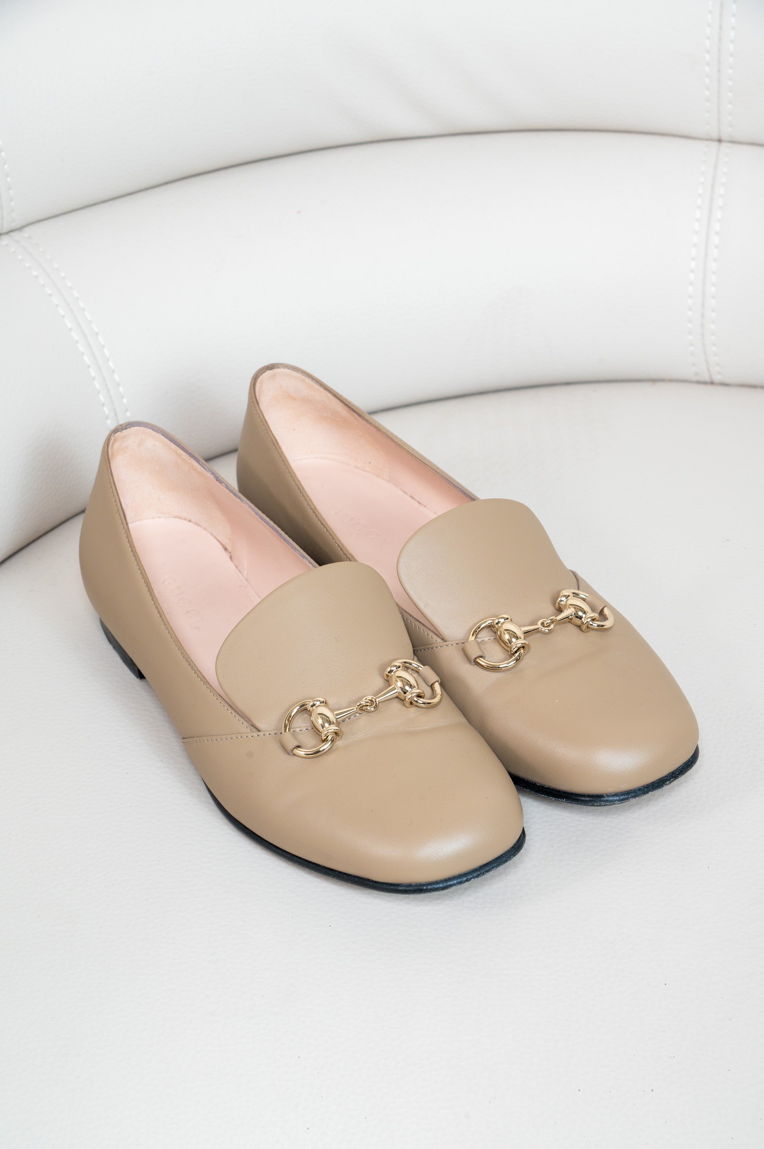 Taupe Leather Horsebit Flats