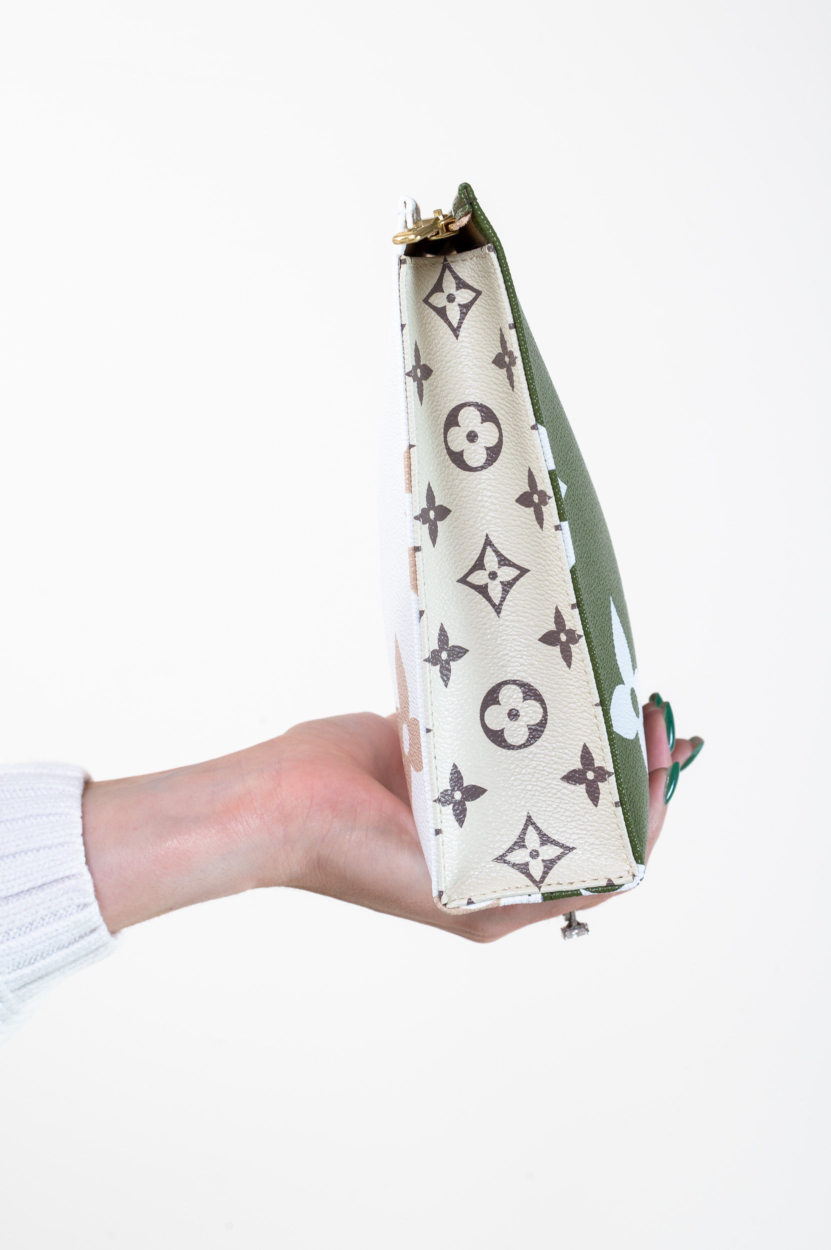 Side view of Louis Vuitton Limited Edition Giant Khaki Monogram Toiletry Pouch 26