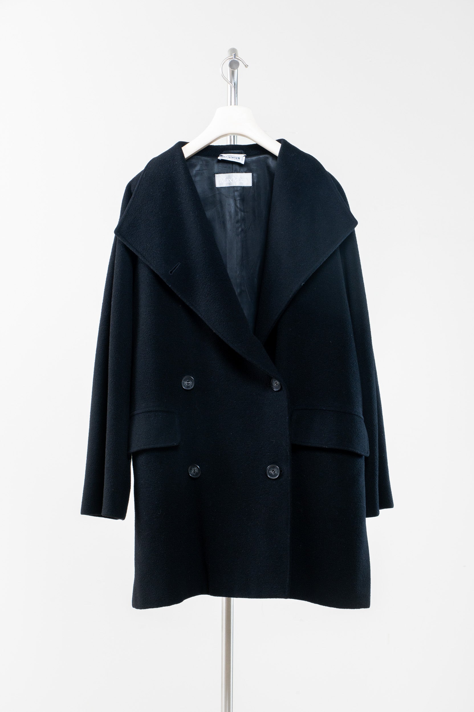 Black Funnel Neck Wool Coat