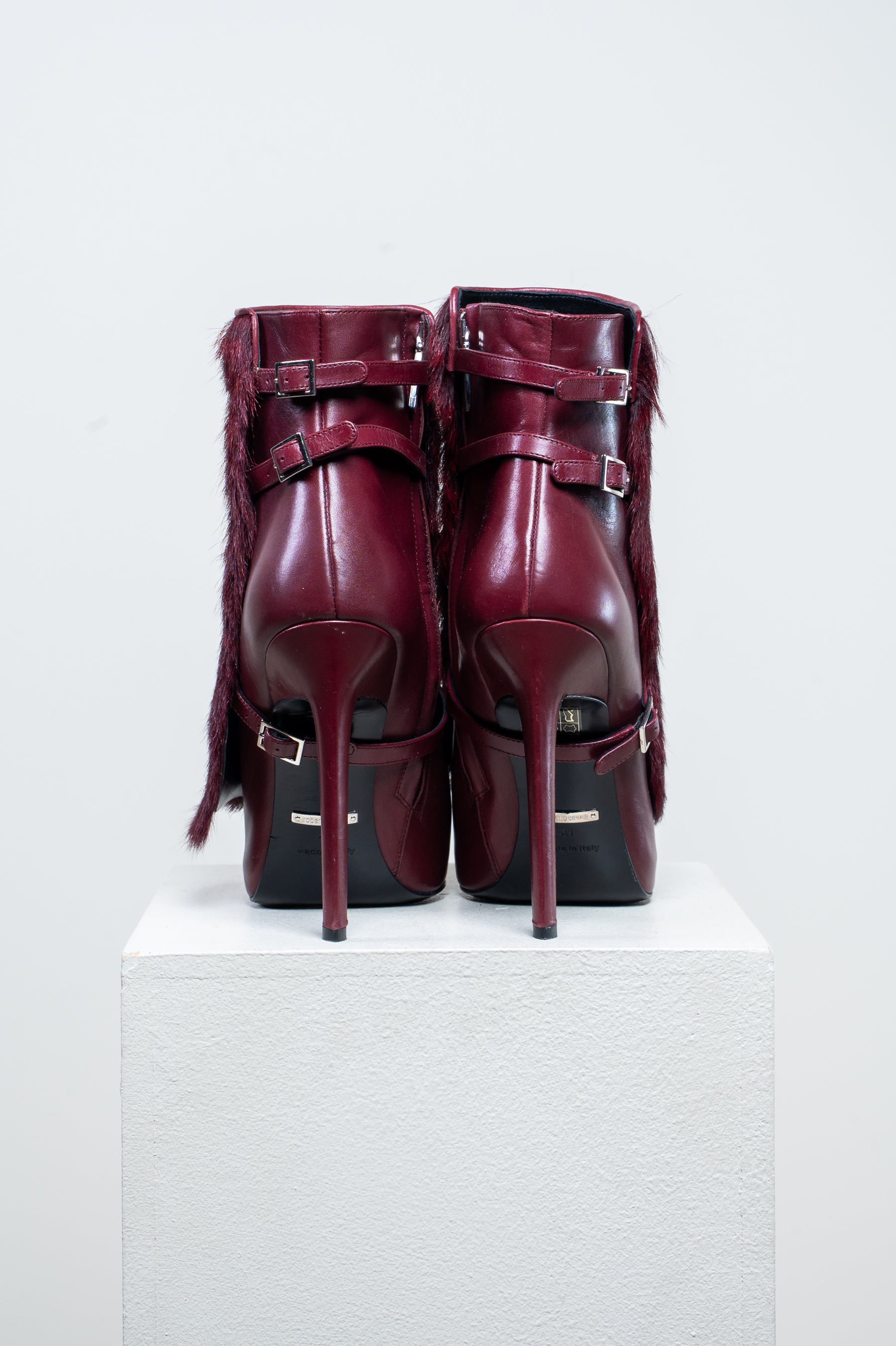 Burgundy High Heel Ankle Boot w/ Removable Fur Detail