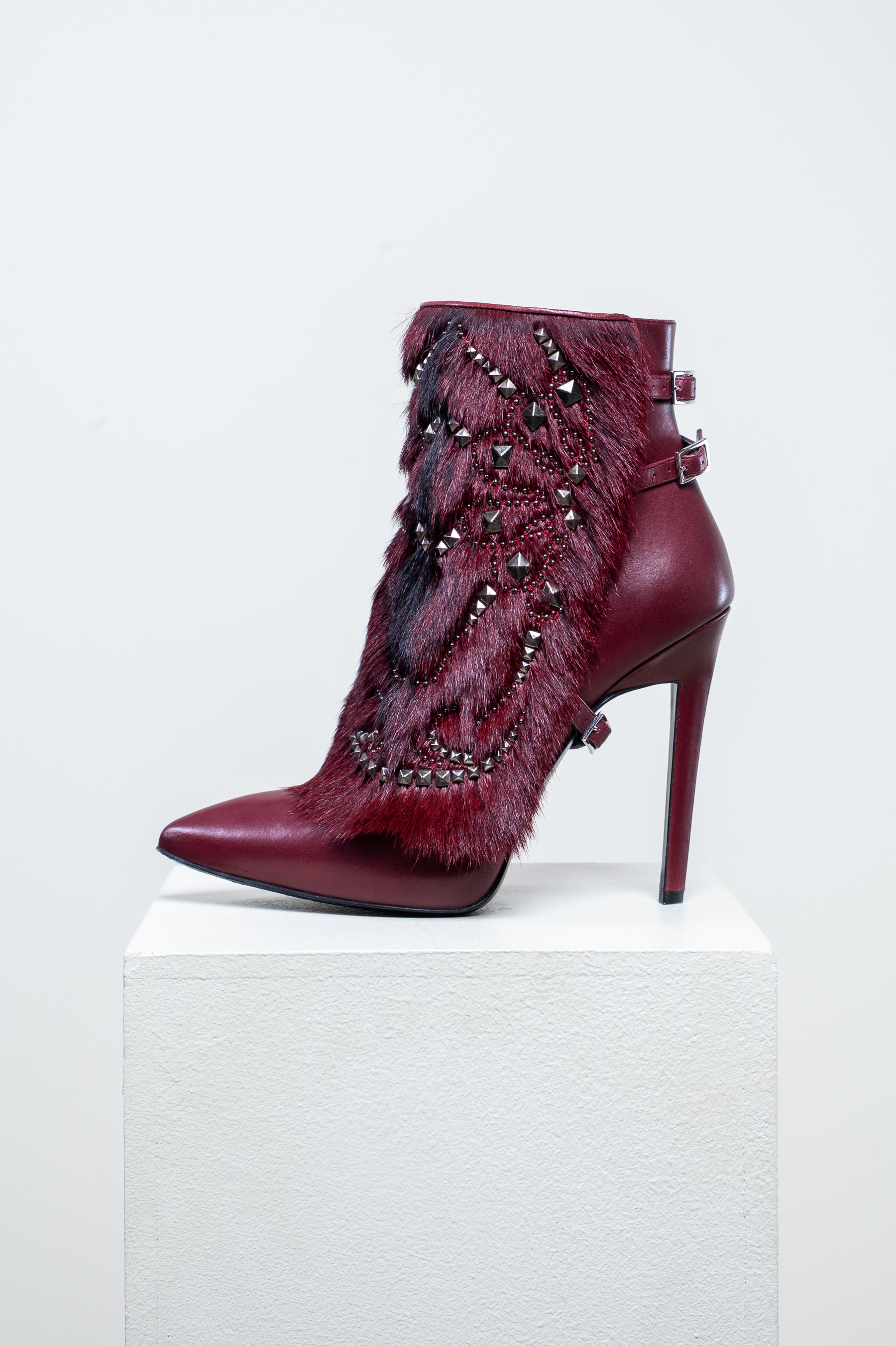 Burgundy High Heel Ankle Boot w/ Removable Fur Detail