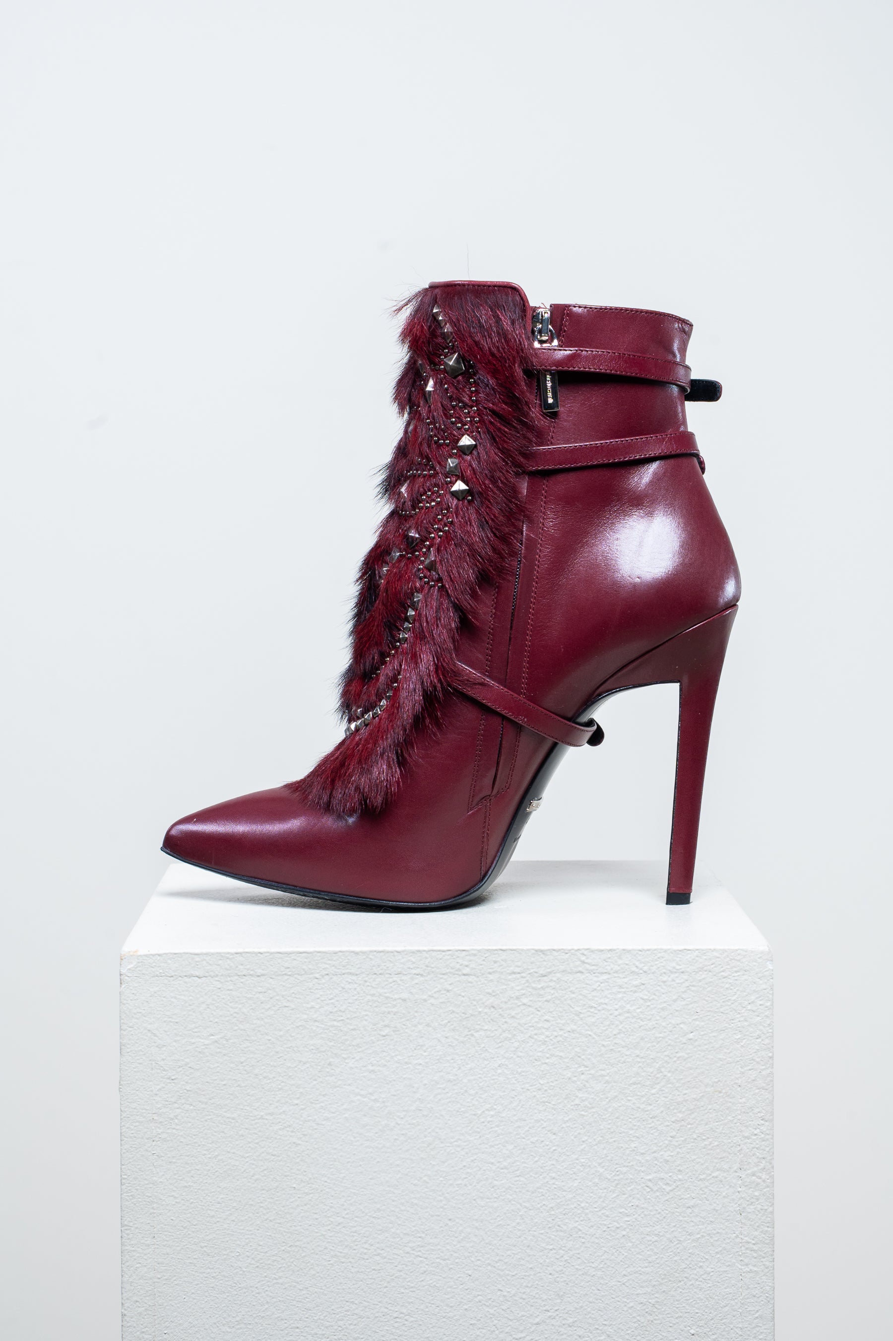 Burgundy High Heel Ankle Boot w/ Removable Fur Detail