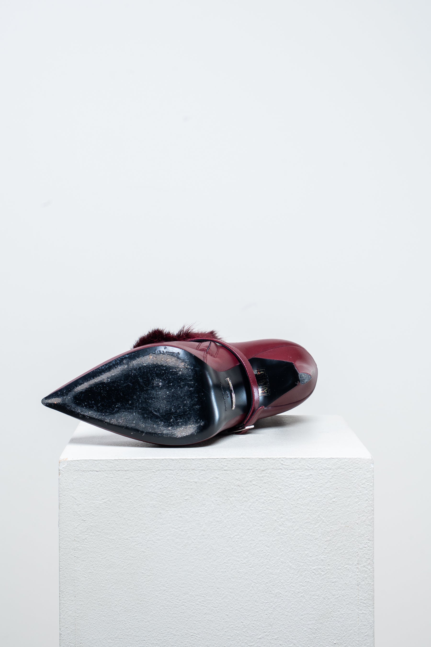 Burgundy High Heel Ankle Boot w/ Removable Fur Detail