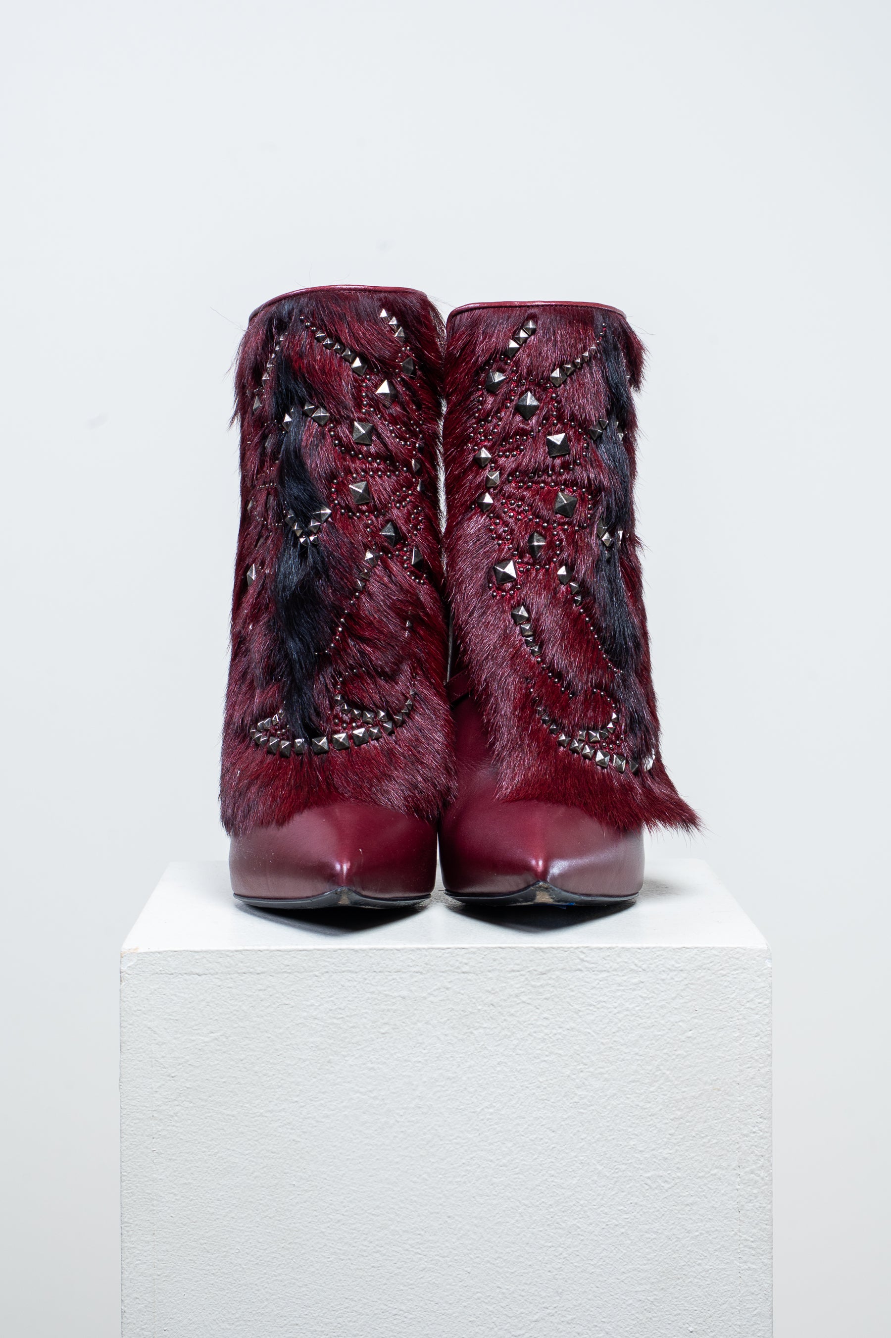 Burgundy High Heel Ankle Boot w/ Removable Fur Detail