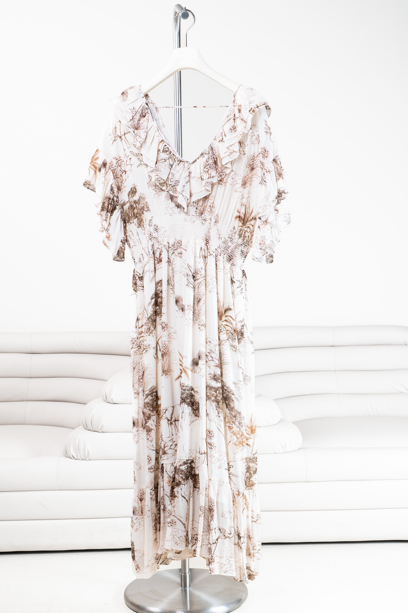 White & Brown Print V-Neck Ruffle Dress