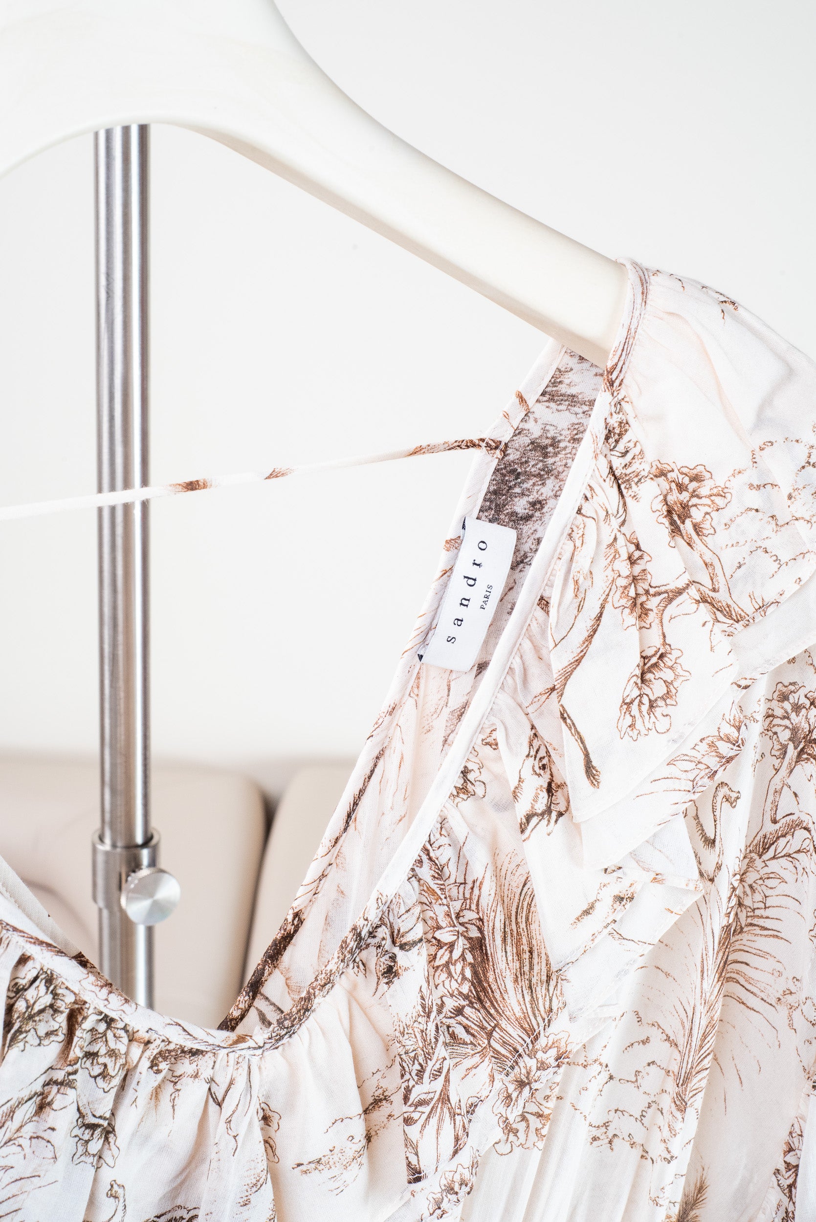 White & Brown Print V-Neck Ruffle Dress
