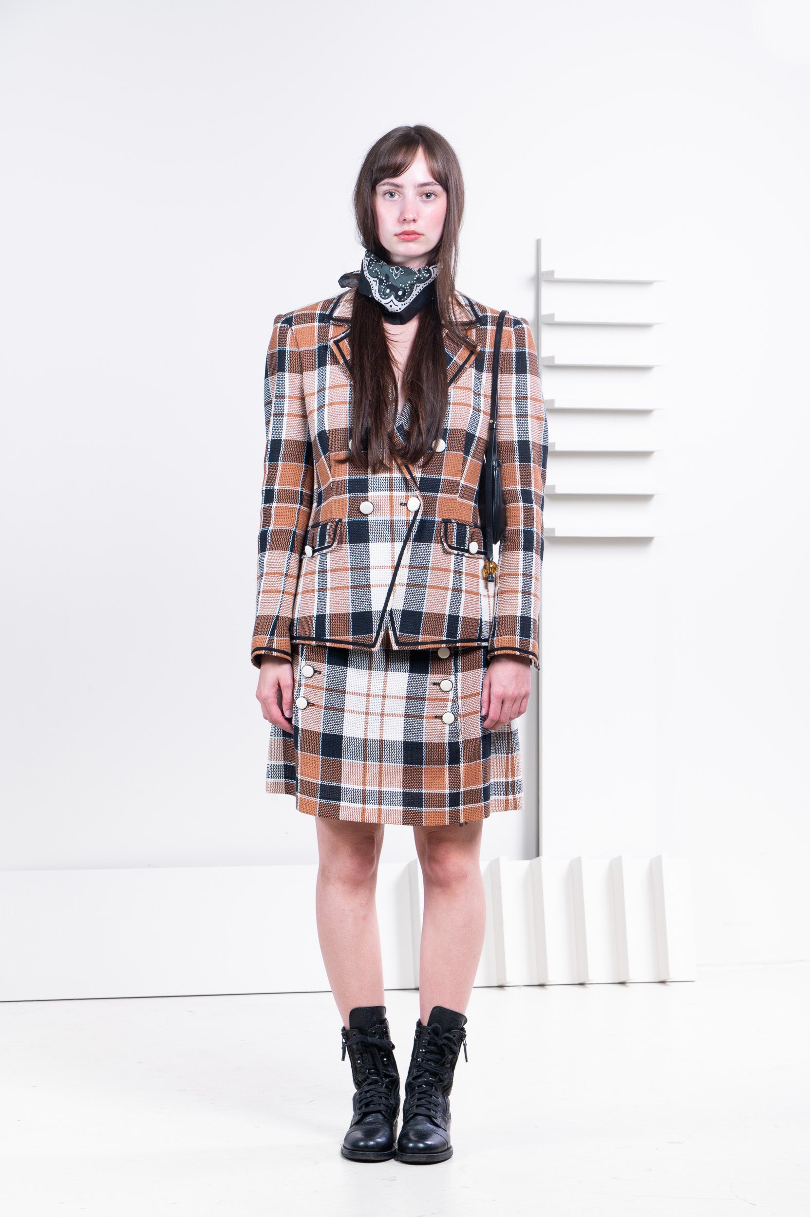 Black & Brown Plaid Printed Mini Skirt w/ White Button Detail
