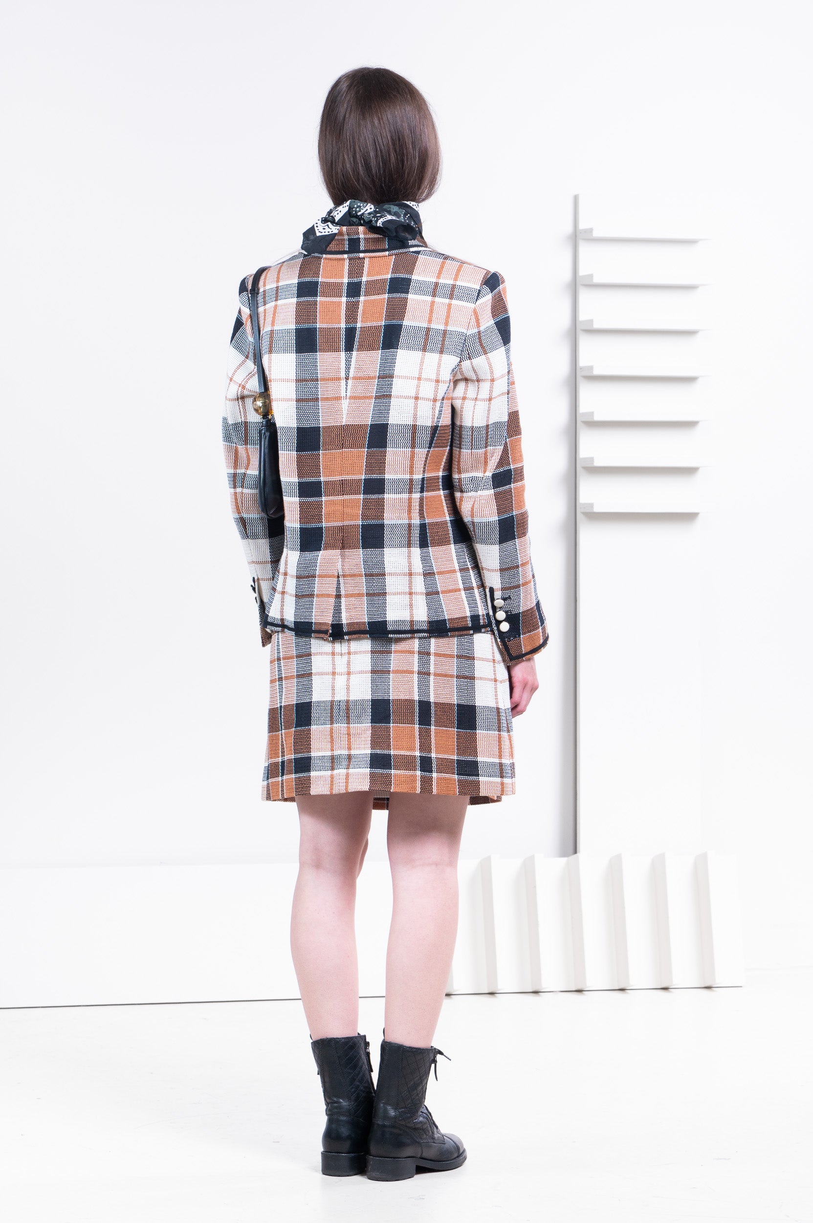 Black & Brown Plaid Printed Mini Skirt w/ White Button Detail